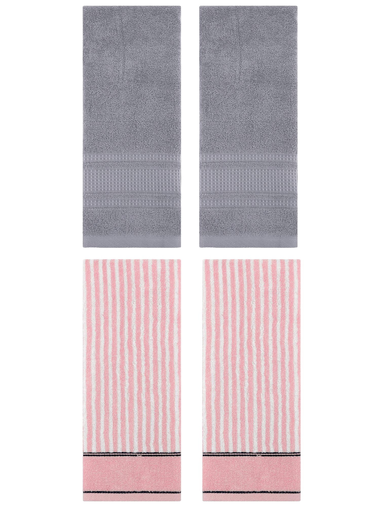 Unique Bargains 4 Pcs Striped Soft Cotton Hand Towels 13 x 29 Inch Pink/Grey