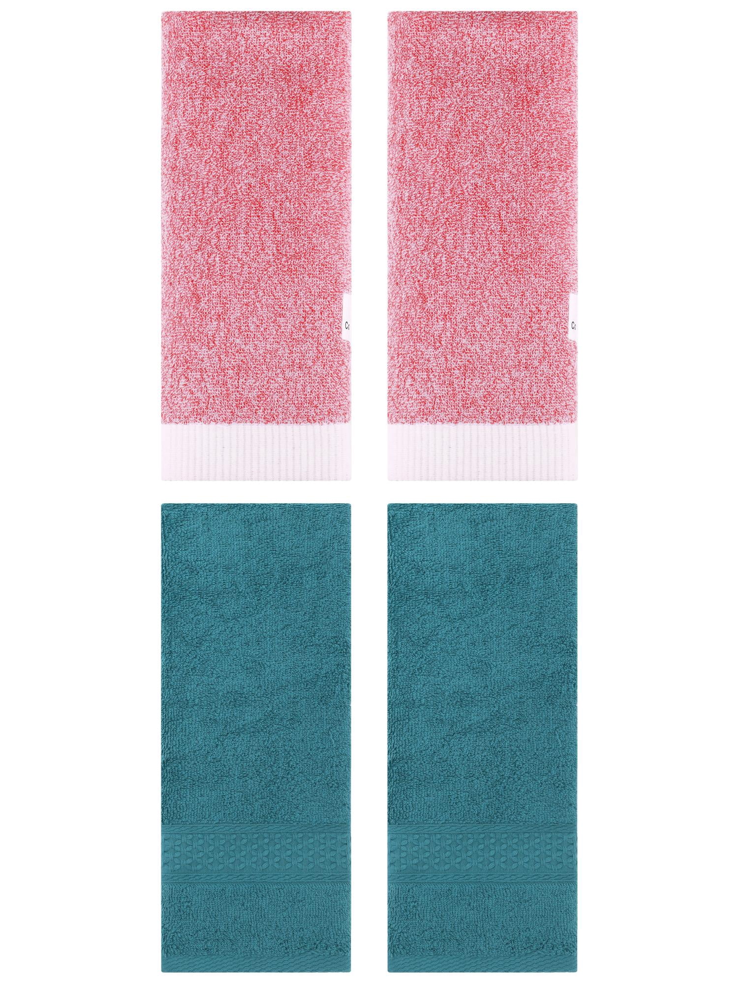 Unique Bargains 4 Pcs Textured Cotton Hand Towel Dark Green/Pink 13" x 30"/13" x 29"