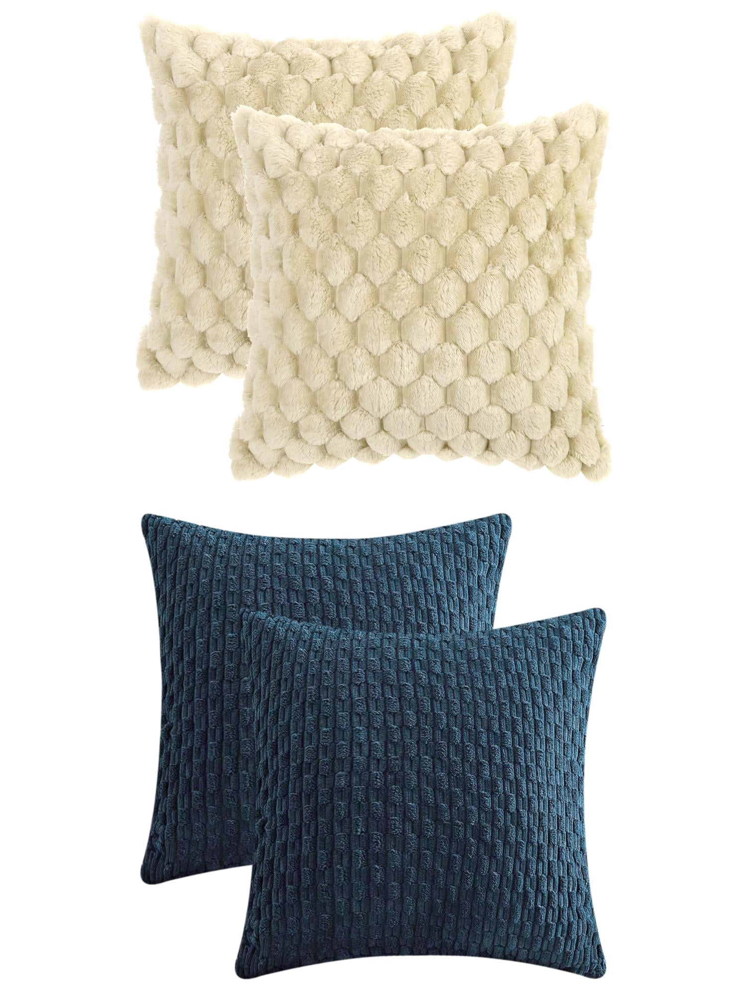 Unique Bargains 4 Pcs Throw Pillow Covers Plush Cushion 16" x 16" Beige/Navy Blue