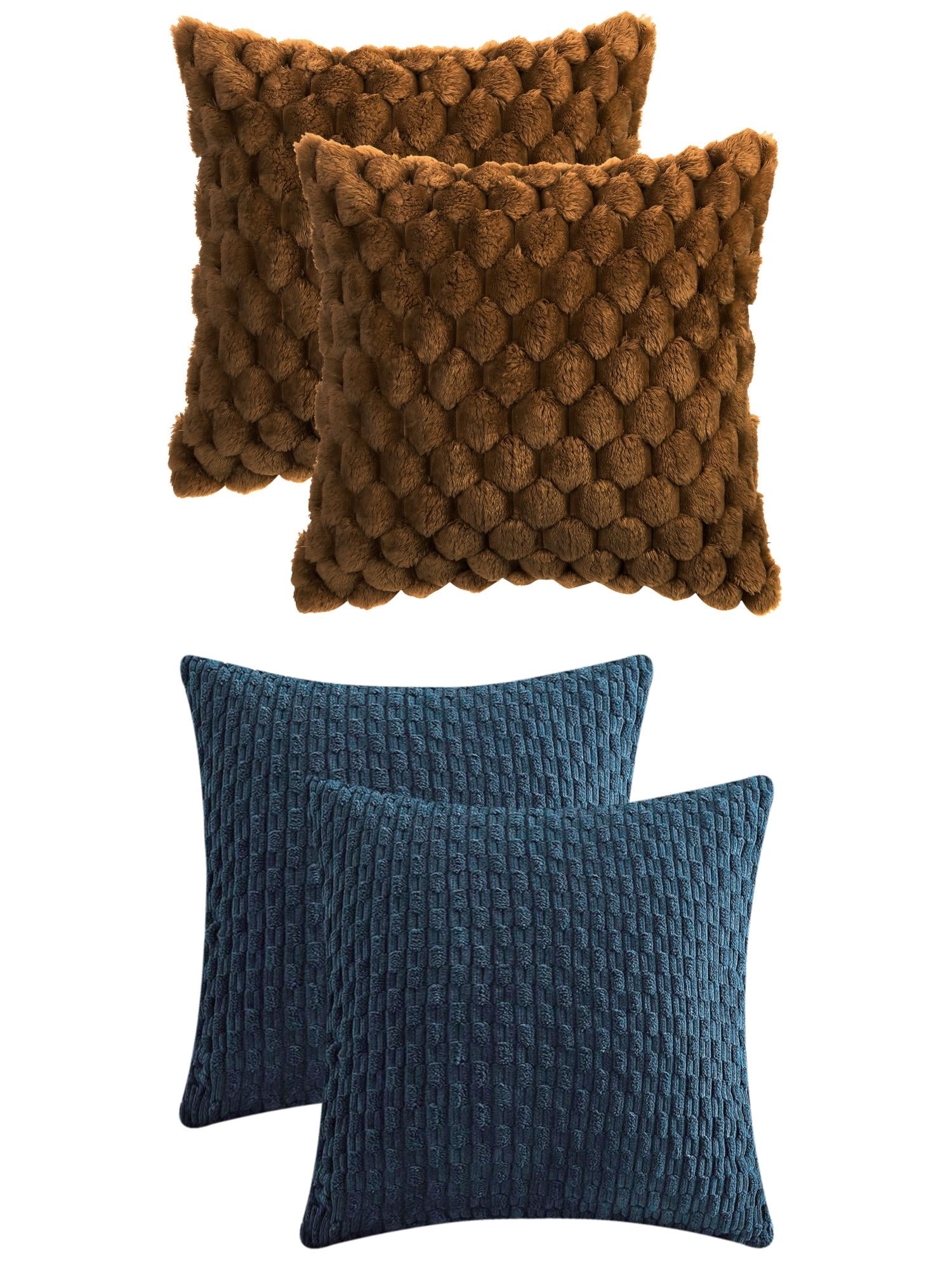 Unique Bargains 4 Pcs Throw Pillow Covers Plush Cushion 16" x 16" Dark Brown/Navy Blue
