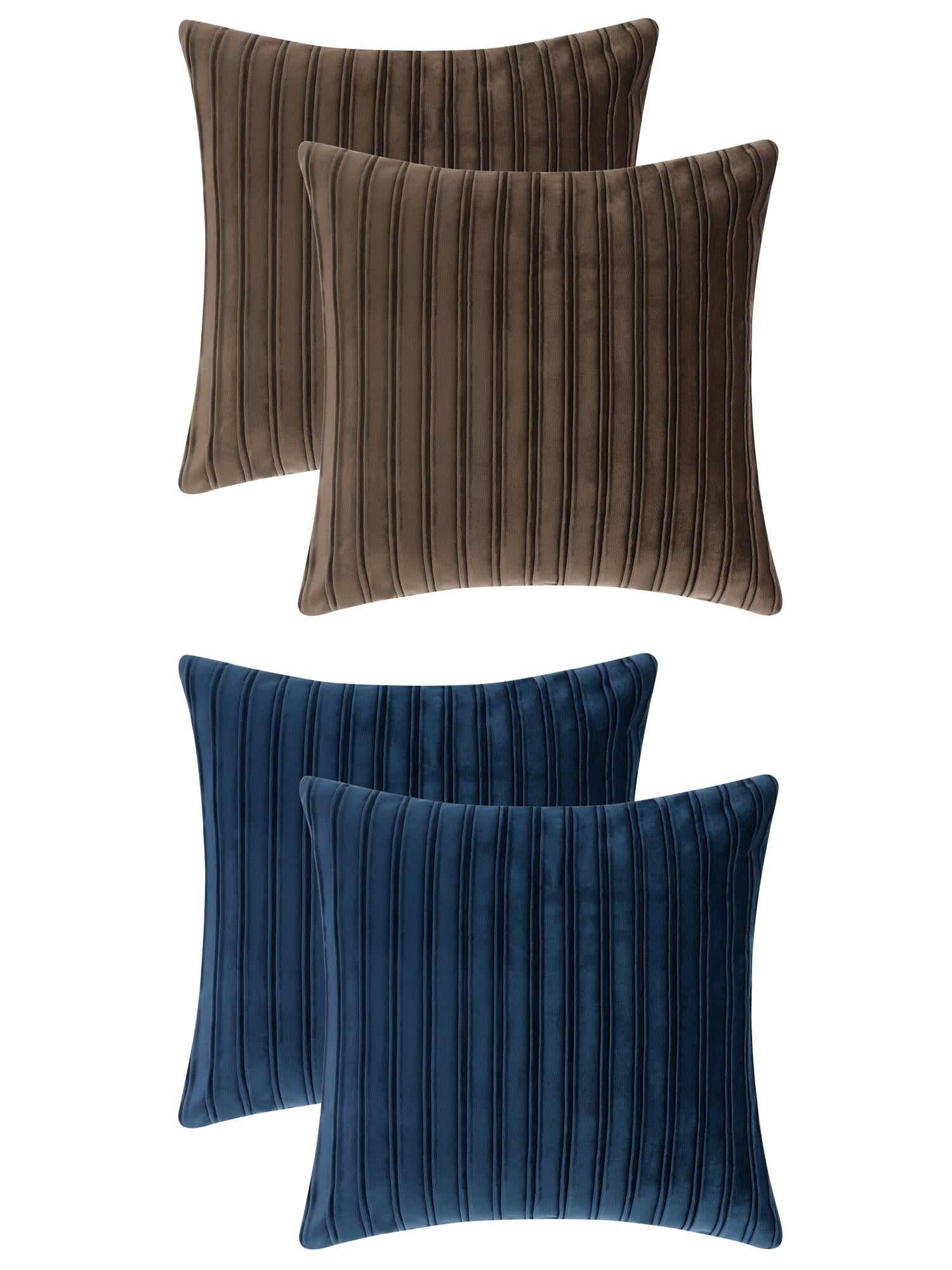 Unique Bargains 4 Pcs Velvet Striped Throw Pillow Covers Pleated Front Cushion Covers Blue/Brown 18" x 18"
