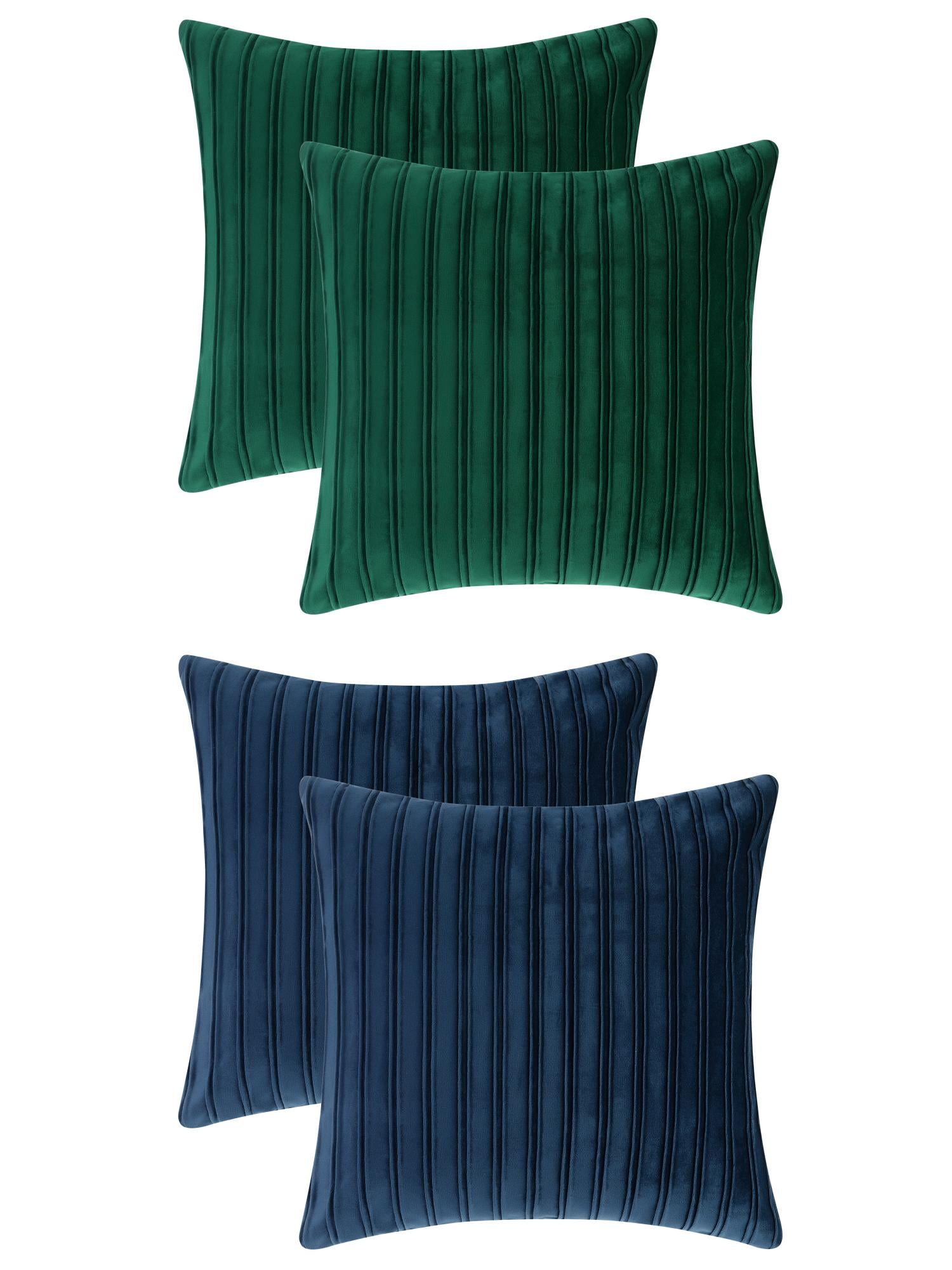 Unique Bargains 4 Pcs Velvet Striped Throw Pillow Covers Pleated Front Cushion Covers Blue/Green 18" x 18"