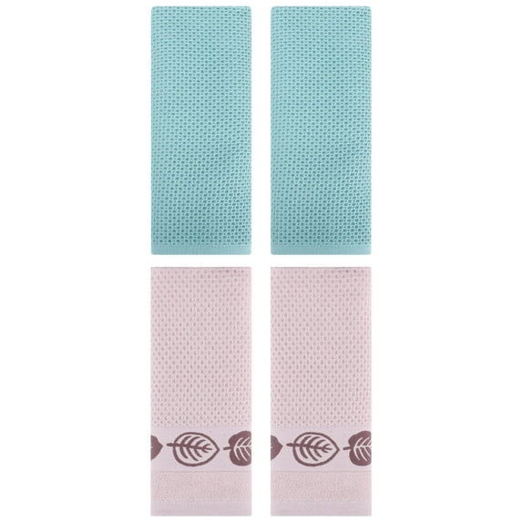 Unique Bargains 4 Pcs Waffle Cotton Hand Towel Light Blue/Brown 13" x 30"/13" x 29"
