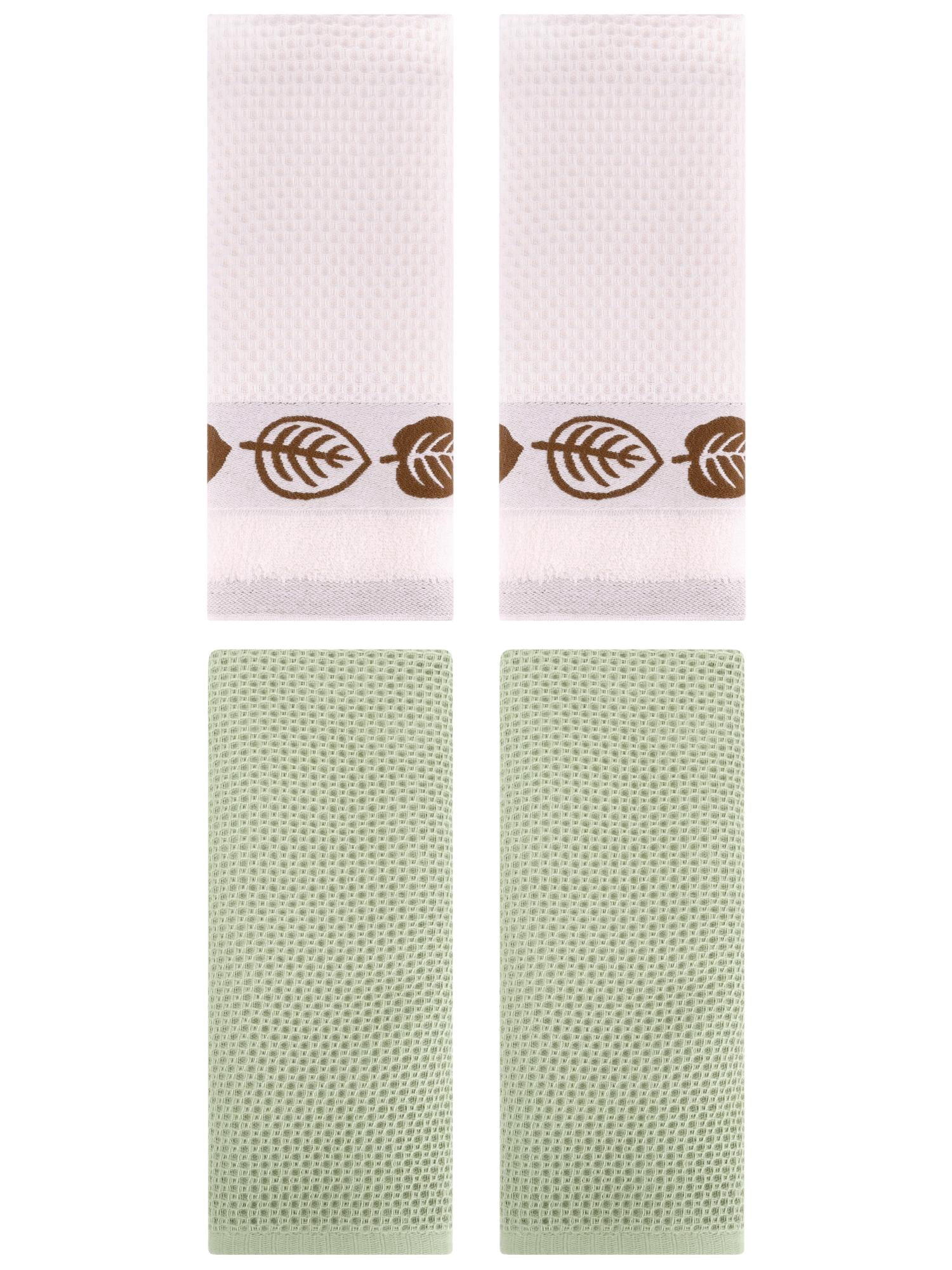 Unique Bargains 4 Pcs Waffle Cotton Hand Towel Light Green/Beige 13" x 30"/13" x 29"