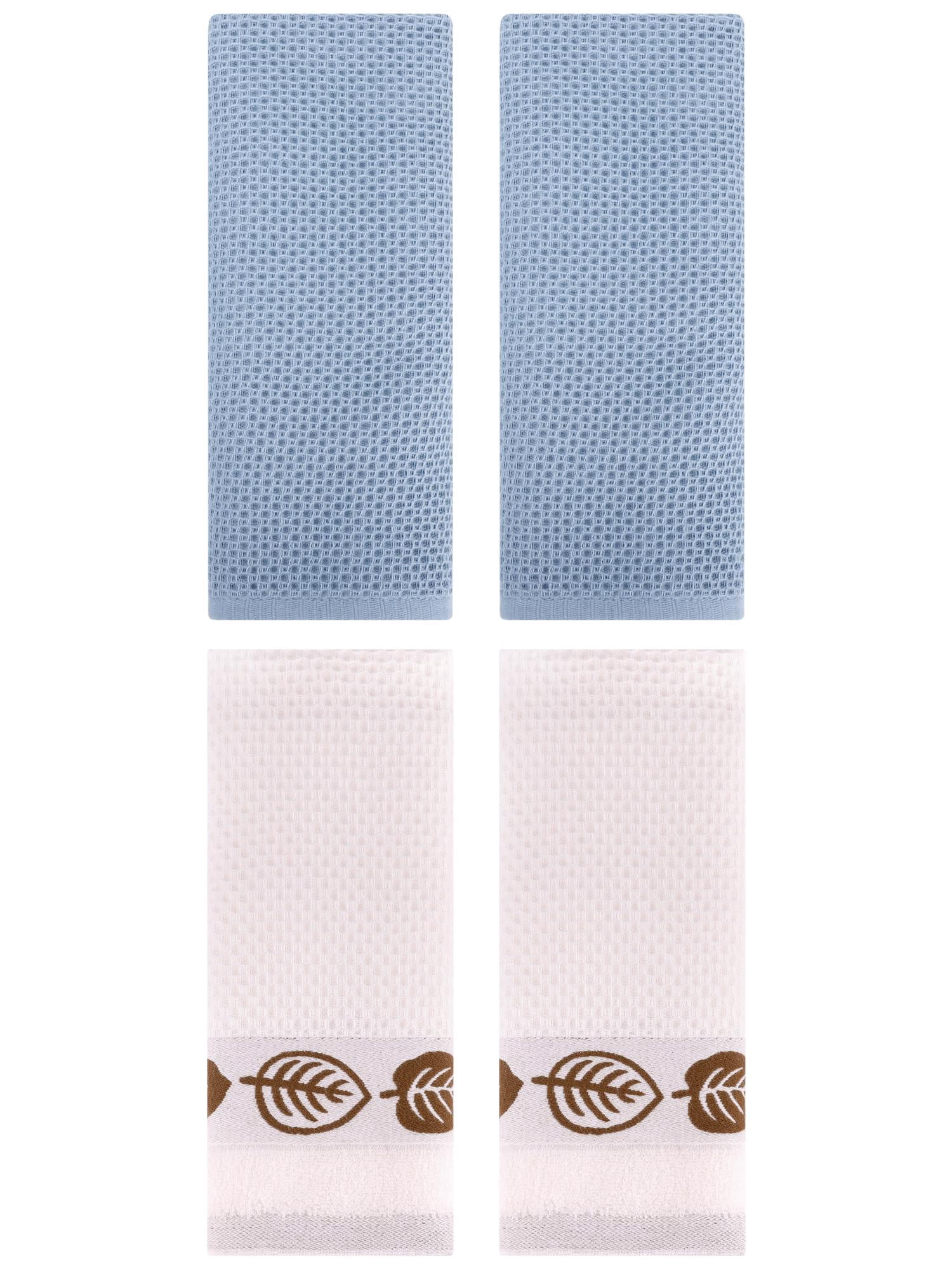 Unique Bargains 4 Pcs Waffle Cotton Hand Towel Steel Blue/Beige 13" x 30"/13" x 29"