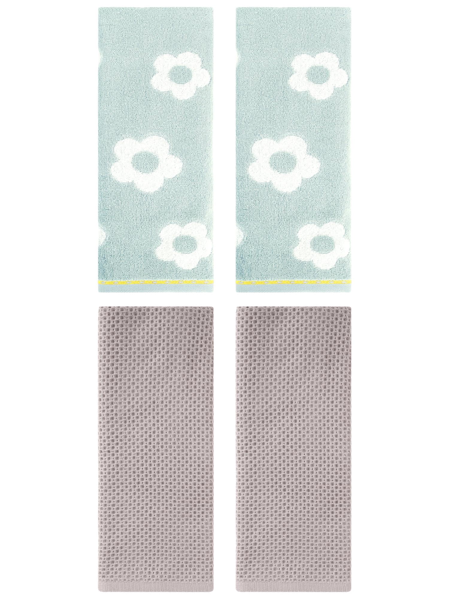 Unique Bargains 4 Pcs Waffle Cotton Hand Towels Camel/Green 13" x 30"/14" x 30"