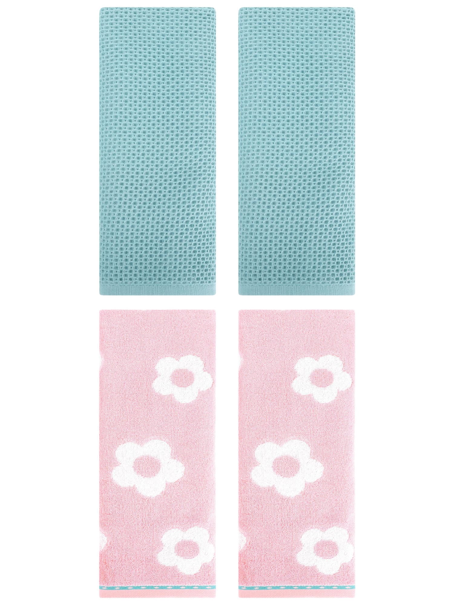 Unique Bargains 4 Pcs Waffle Cotton Hand Towels Light Blue/Pink 13" x 30"/14" x 30"