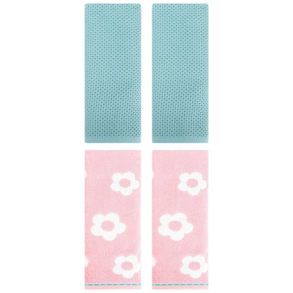 Unique Bargains 4 Pcs Waffle Cotton Hand Towels Light Blue/Pink 13" x 30"/14" x 30"