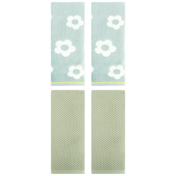 Unique Bargains 4 Pcs Waffle Cotton Hand Towels Light Green/Green 13" x 30"/14" x 30"