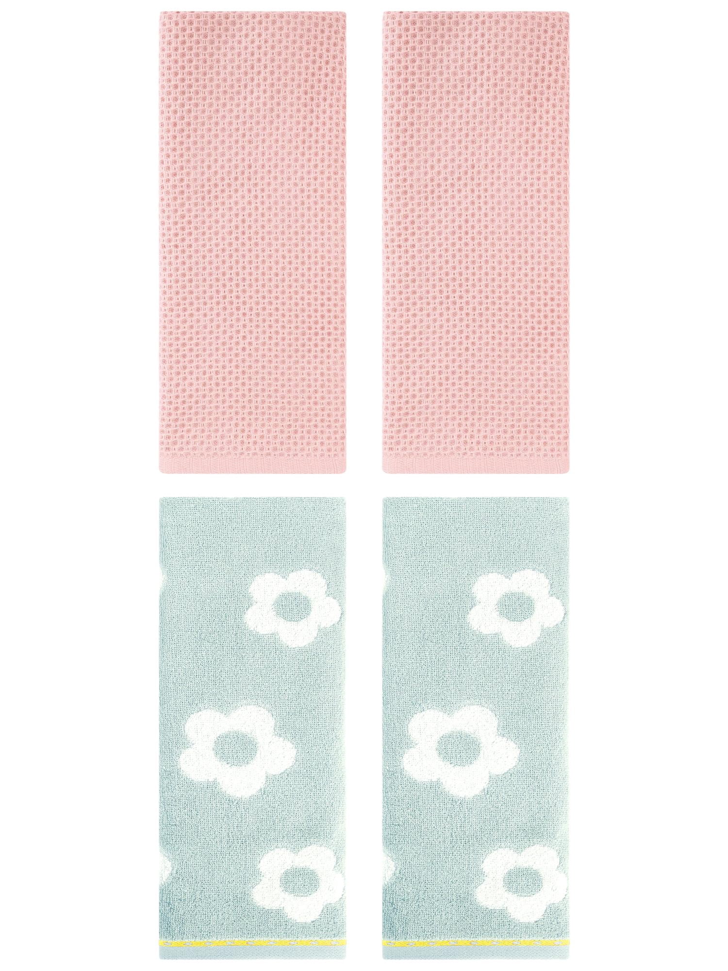 Unique Bargains 4 Pcs Waffle Cotton Hand Towels Pink/Green 13" x 30"/14" x 30"