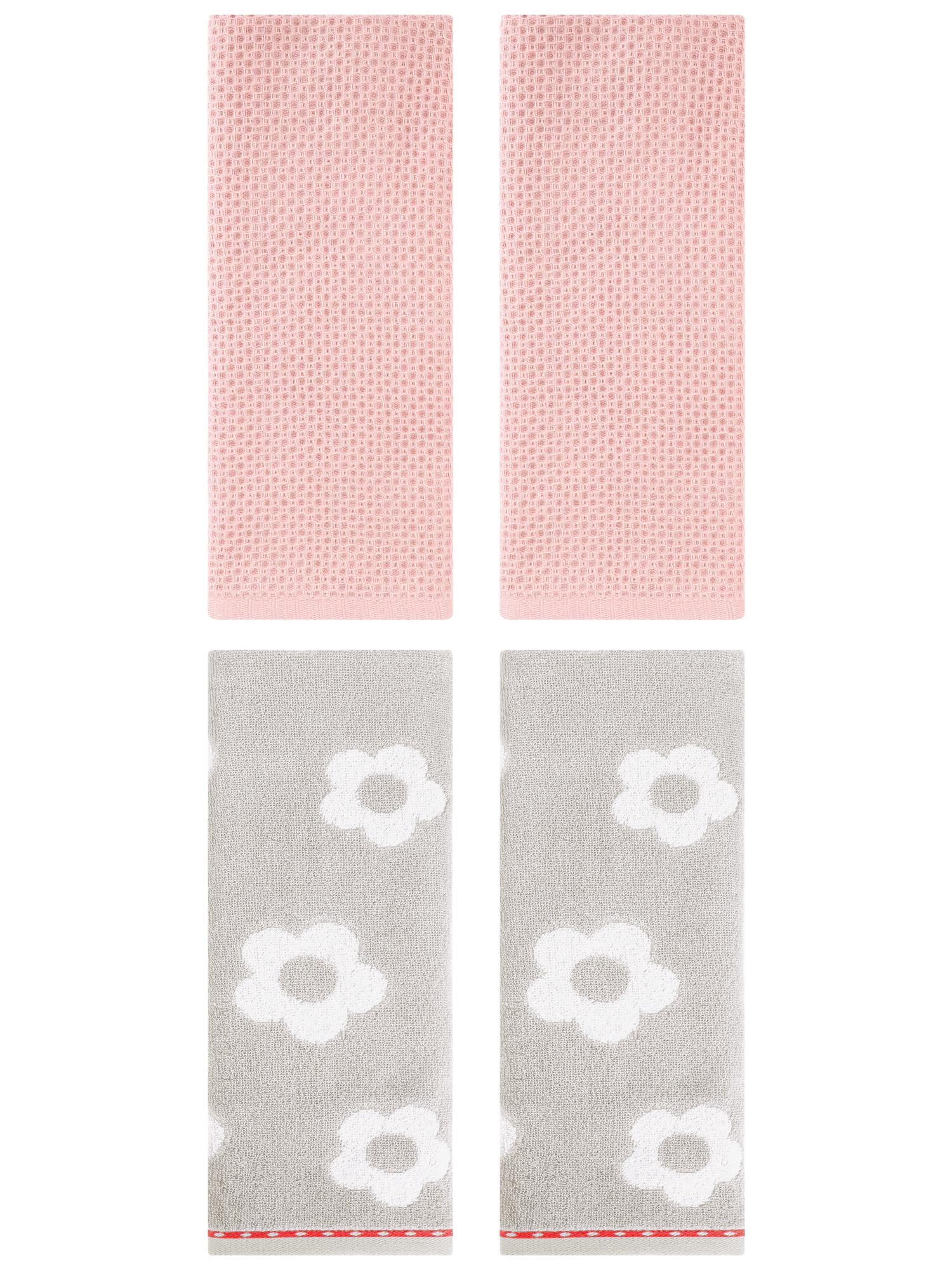 Unique Bargains 4 Pcs Waffle Cotton Hand Towels Pink/Grey 13" x 30"/14" x 30"