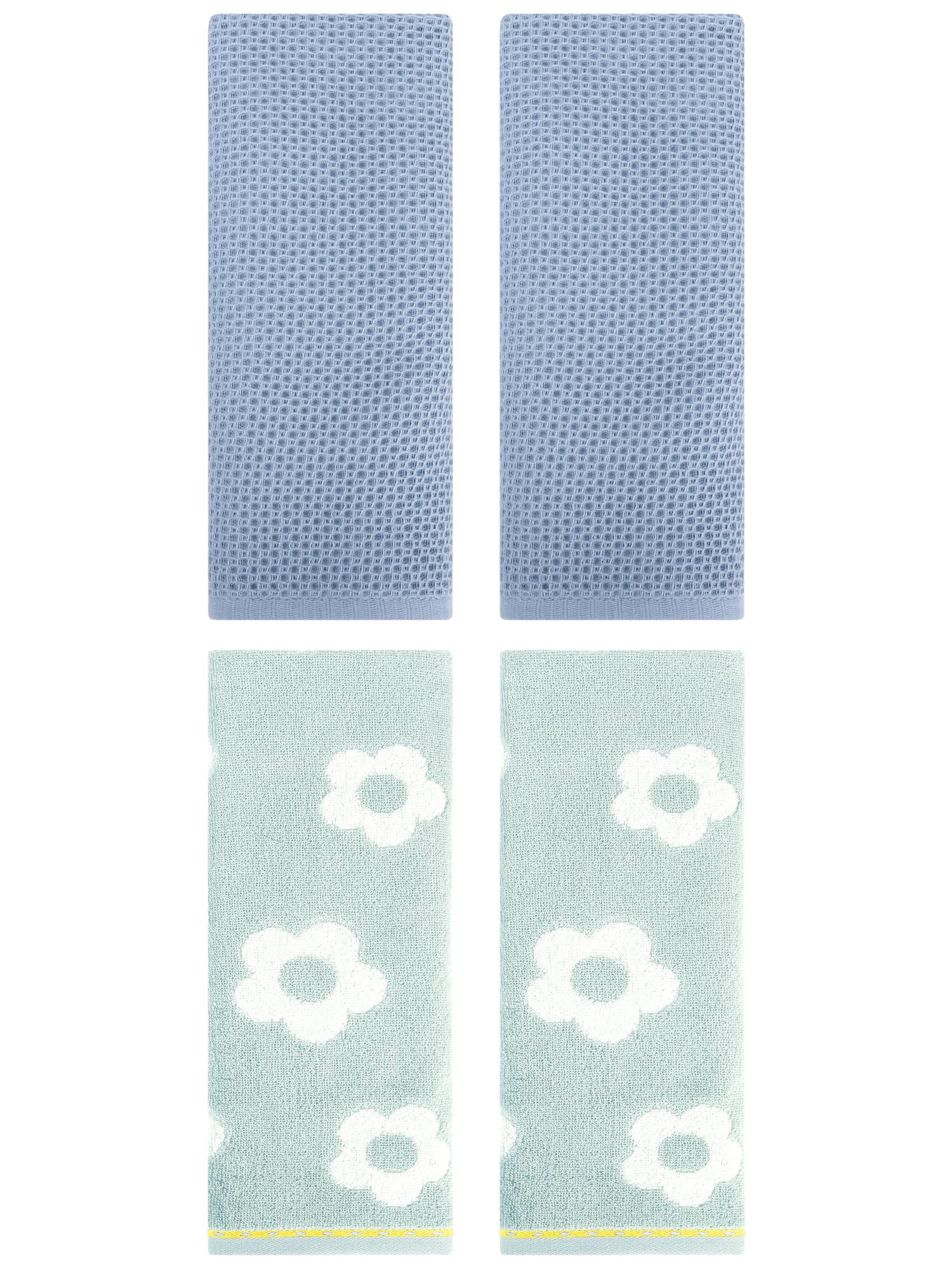 Unique Bargains 4 Pcs Waffle Cotton Hand Towels Steel Blue/Green 13" x 30"/14" x 30"