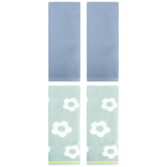 Unique Bargains 4 Pcs Waffle Cotton Hand Towels Steel Blue/Green 13" x 30"/14" x 30"