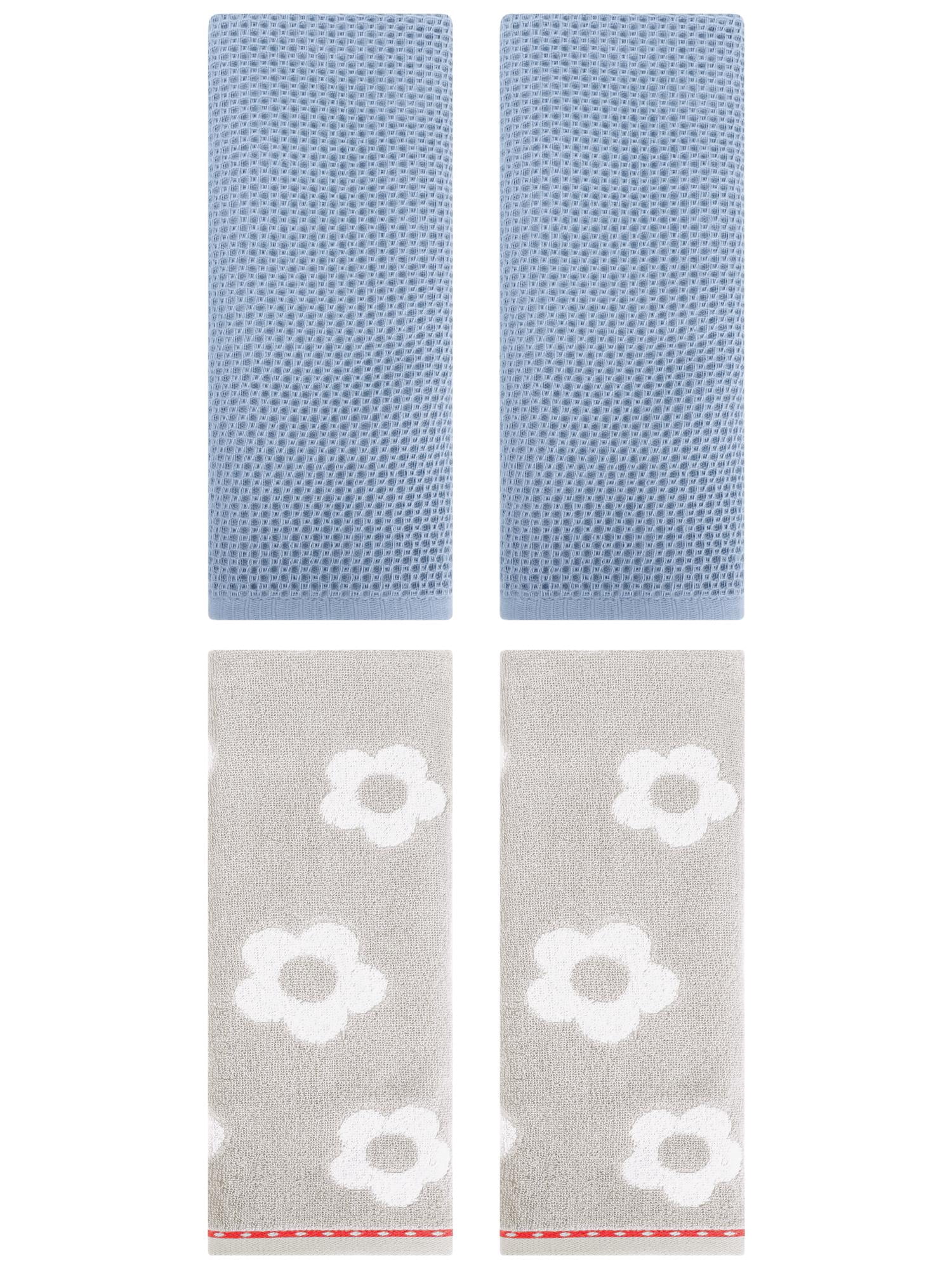 Unique Bargains 4 Pcs Waffle Cotton Hand Towels Steel Blue/Grey 13" x 30"/14" x 30"
