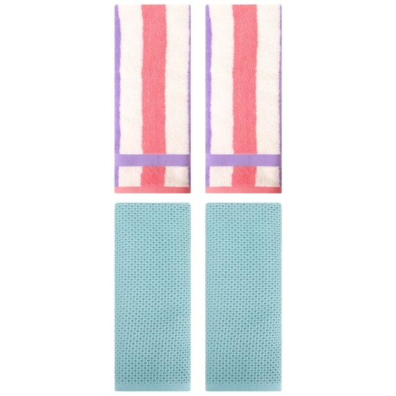 Unique Bargains 4 Pcs Waffle Hand Towels Light Blue/Purple Pink 13" x 30"/13" x 29"