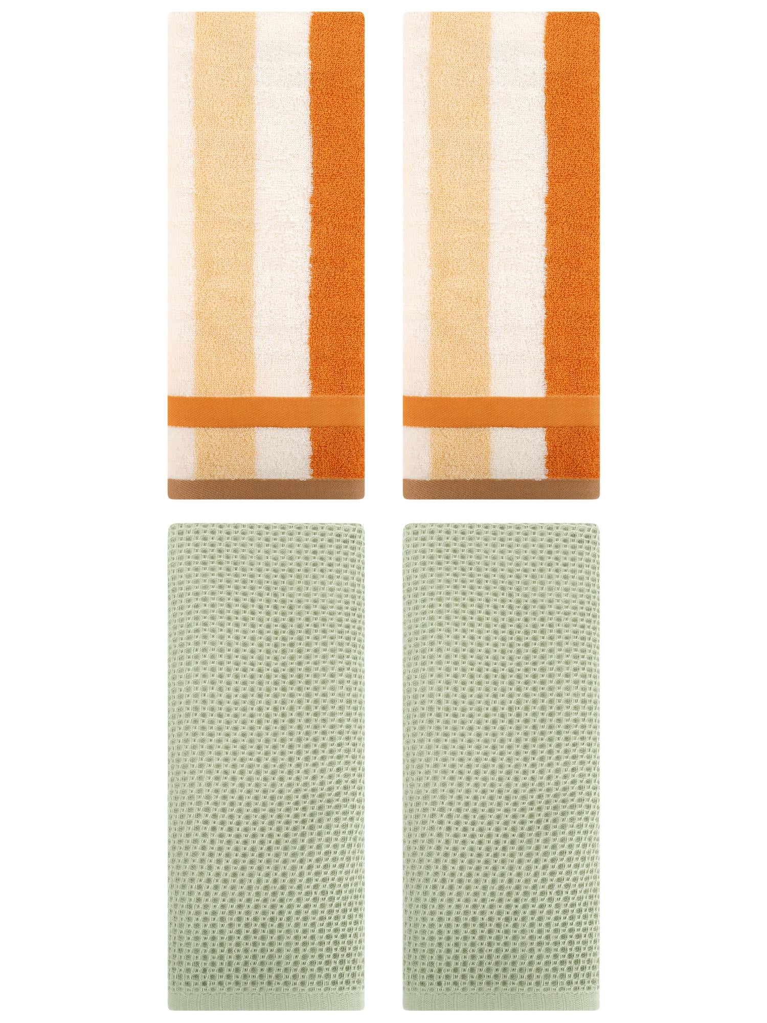 Unique Bargains 4 Pcs Waffle Hand Towels Light Green/Brown Yellow 13" x 30"/13" x 29"