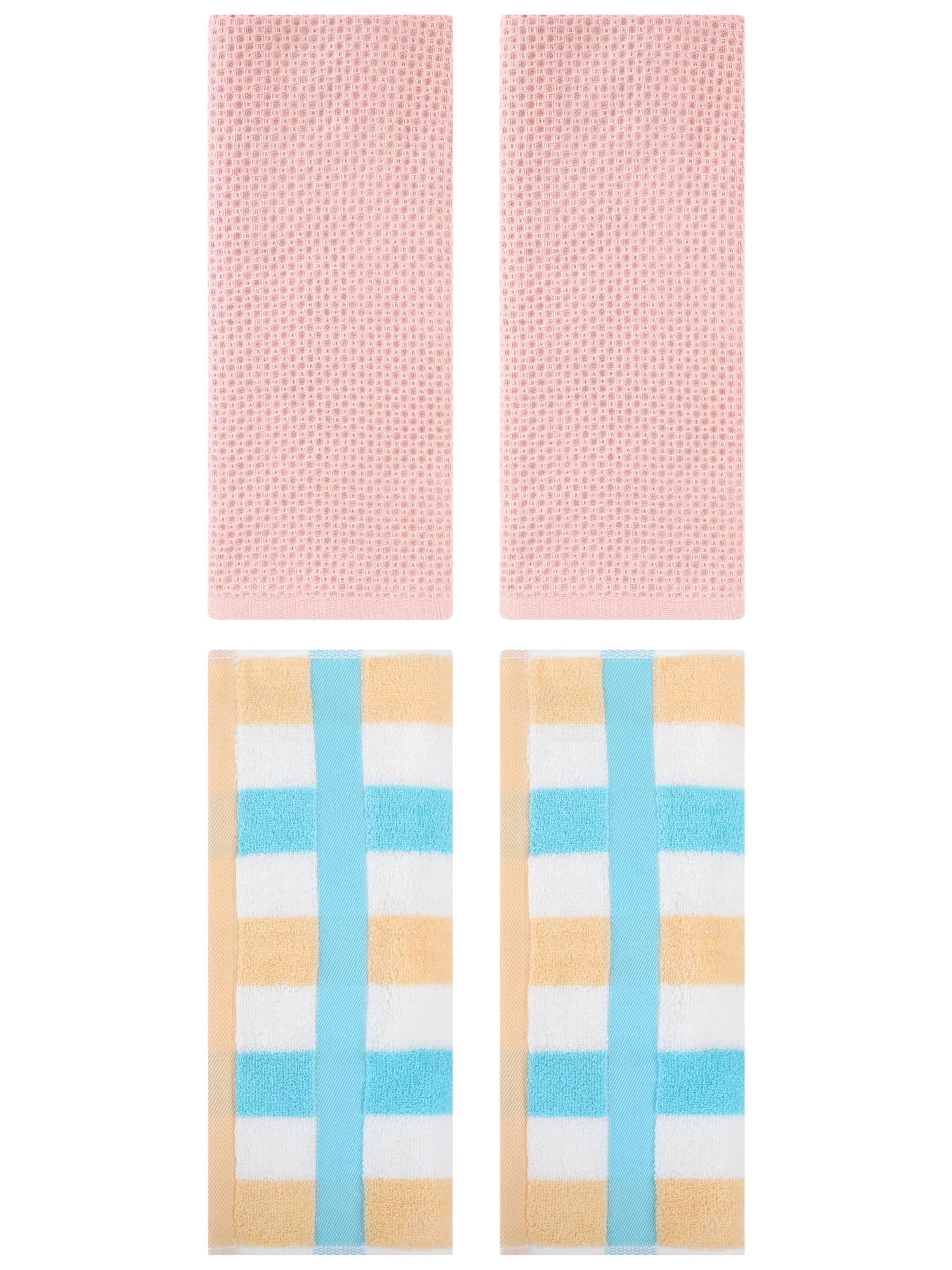 Unique Bargains 4 Pcs Waffle Hand Towels Pink/Blue Yellow 13" x 30"/13" x 29"