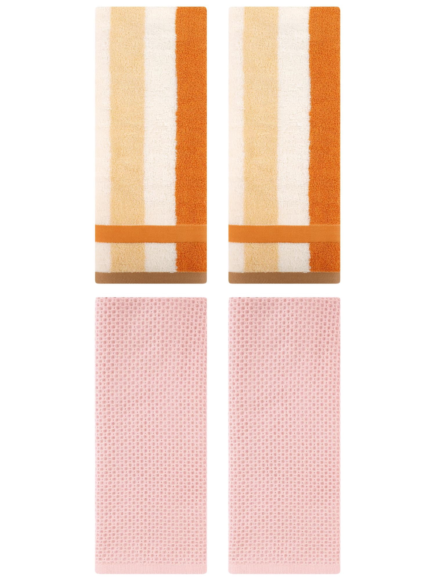 Unique Bargains 4 Pcs Waffle Hand Towels Pink/Brown Yellow 13" x 30"/13" x 29"