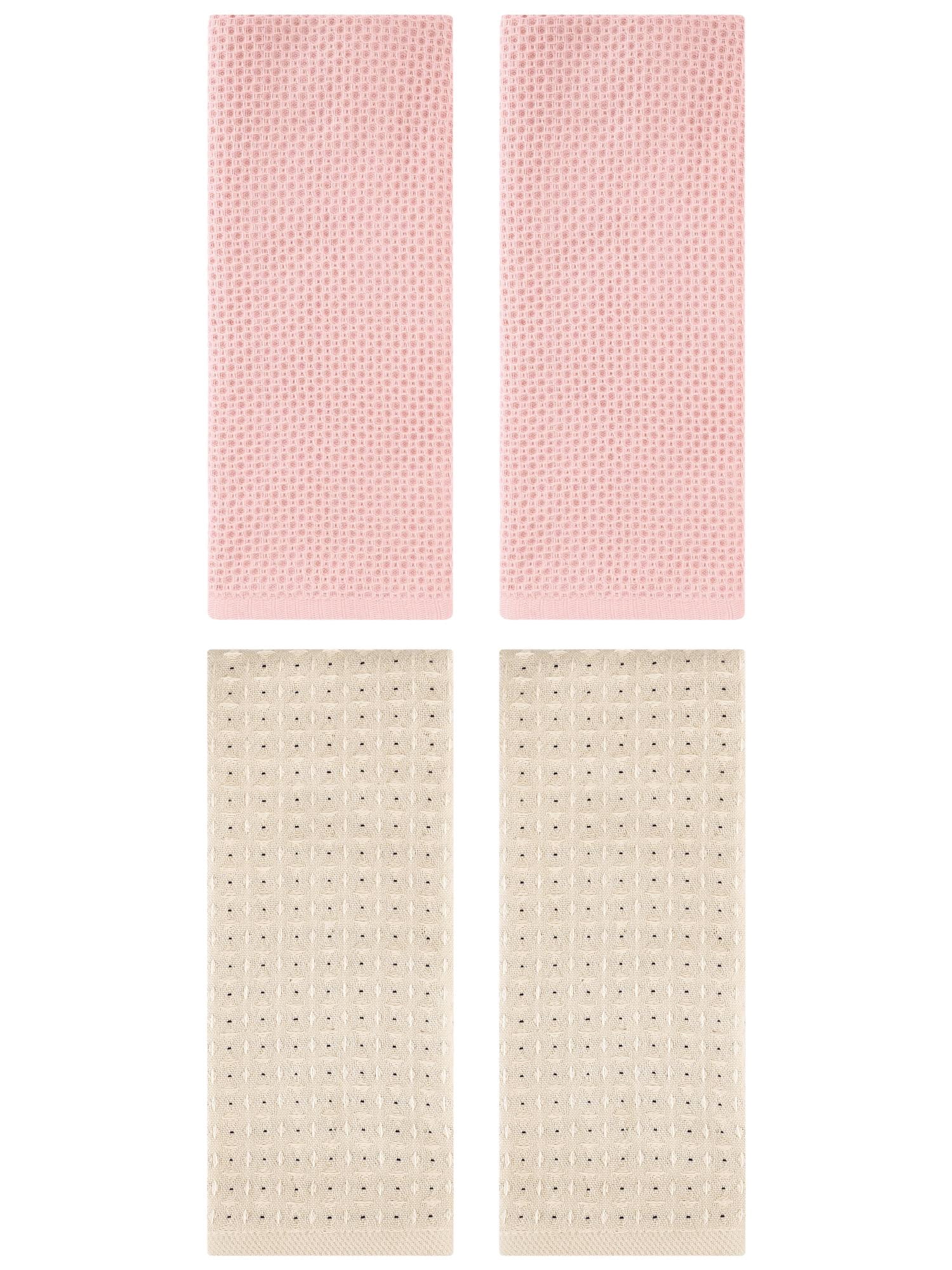 Unique Bargains 4 Pcs Waffle Soft Hand Towels Pink/Brown 13" x 30"/13" x 29"