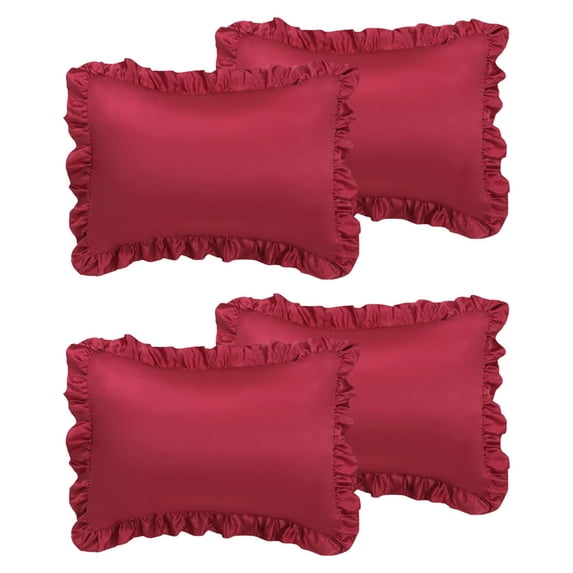Unique Bargains 4-Piece Satin Ruffled Edge Pillow Shams, Standard, Burgundy