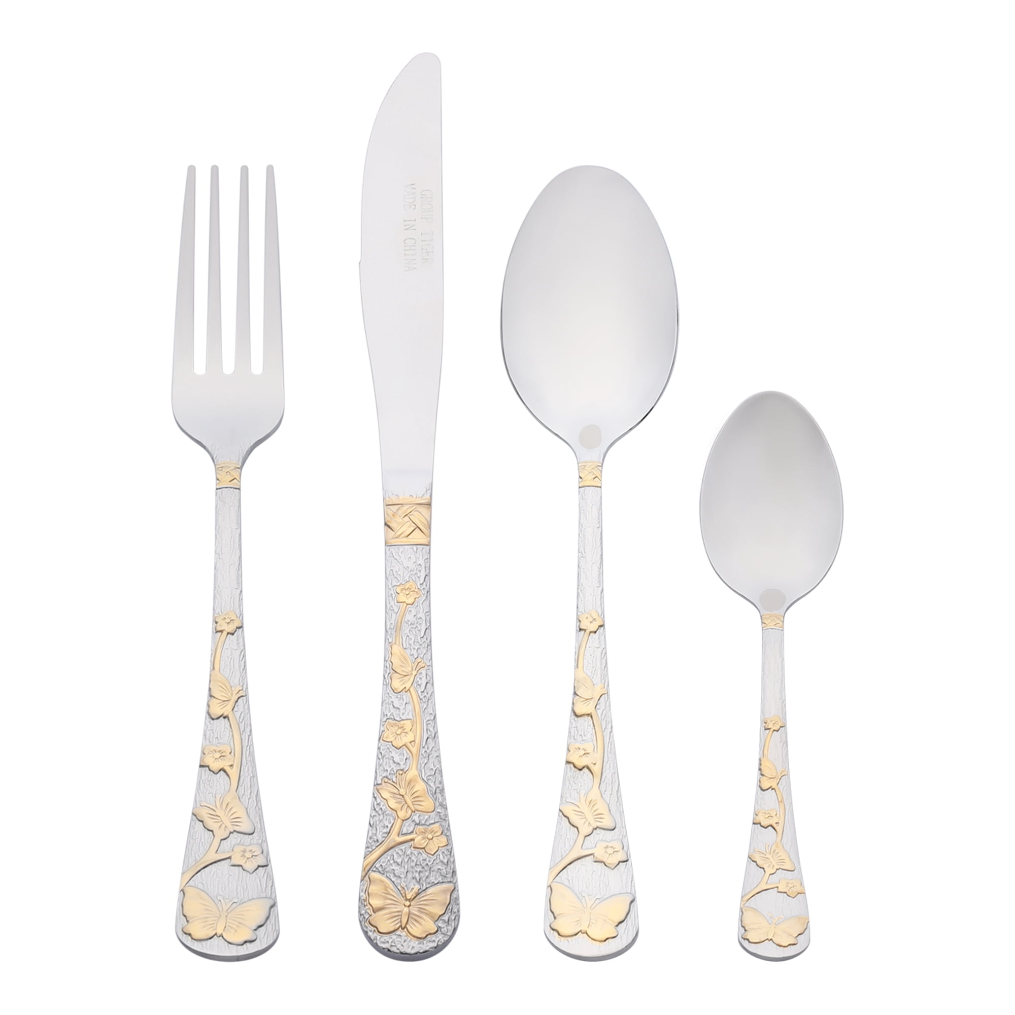 Unique Bargains 4 Piece Silverware Set Stainless Steel Floral Flatware Gold 4