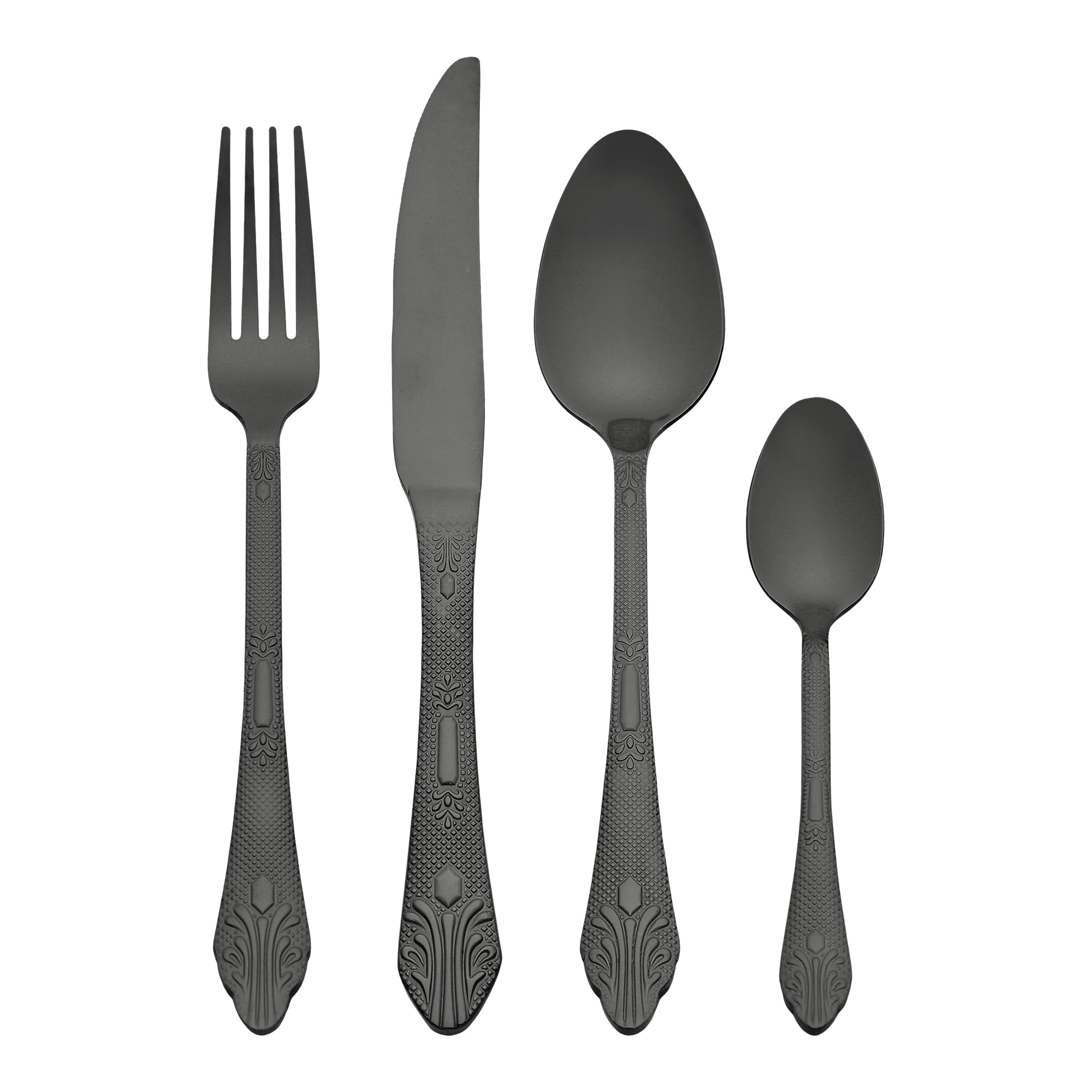 Unique Bargains 4 Piece Silverware Set Stainless Steel Floral Flatware Set Black 4