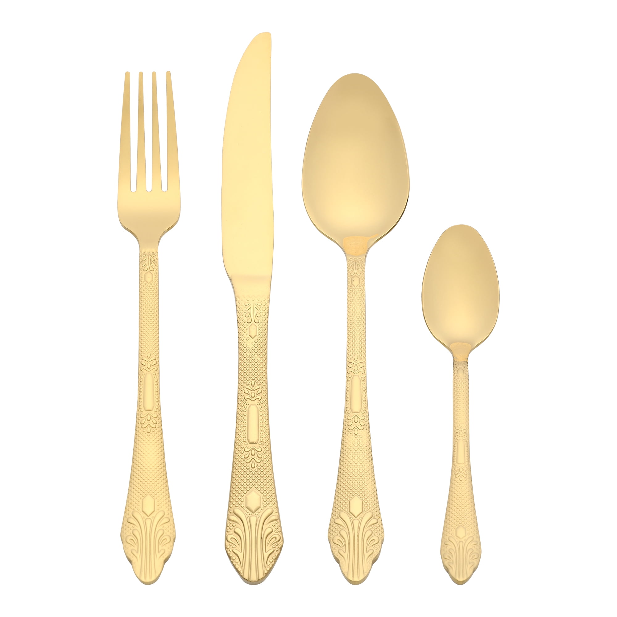 Unique Bargains 4 Piece Silverware Set Stainless Steel Floral Flatware Set Gold 4