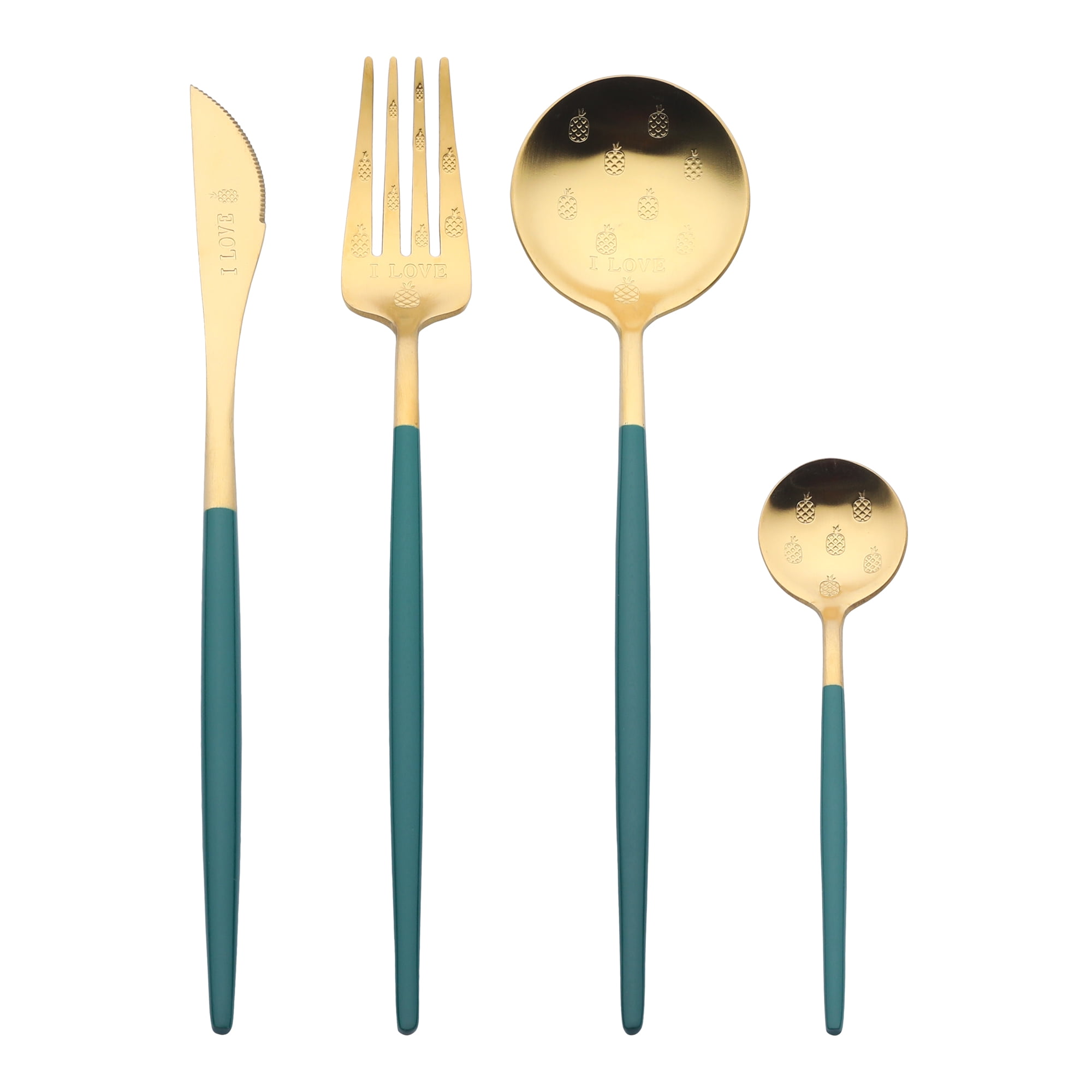 Unique Bargains 4 Piece Silverware Set, Stainless Steel Floral Flatware Set Green 4