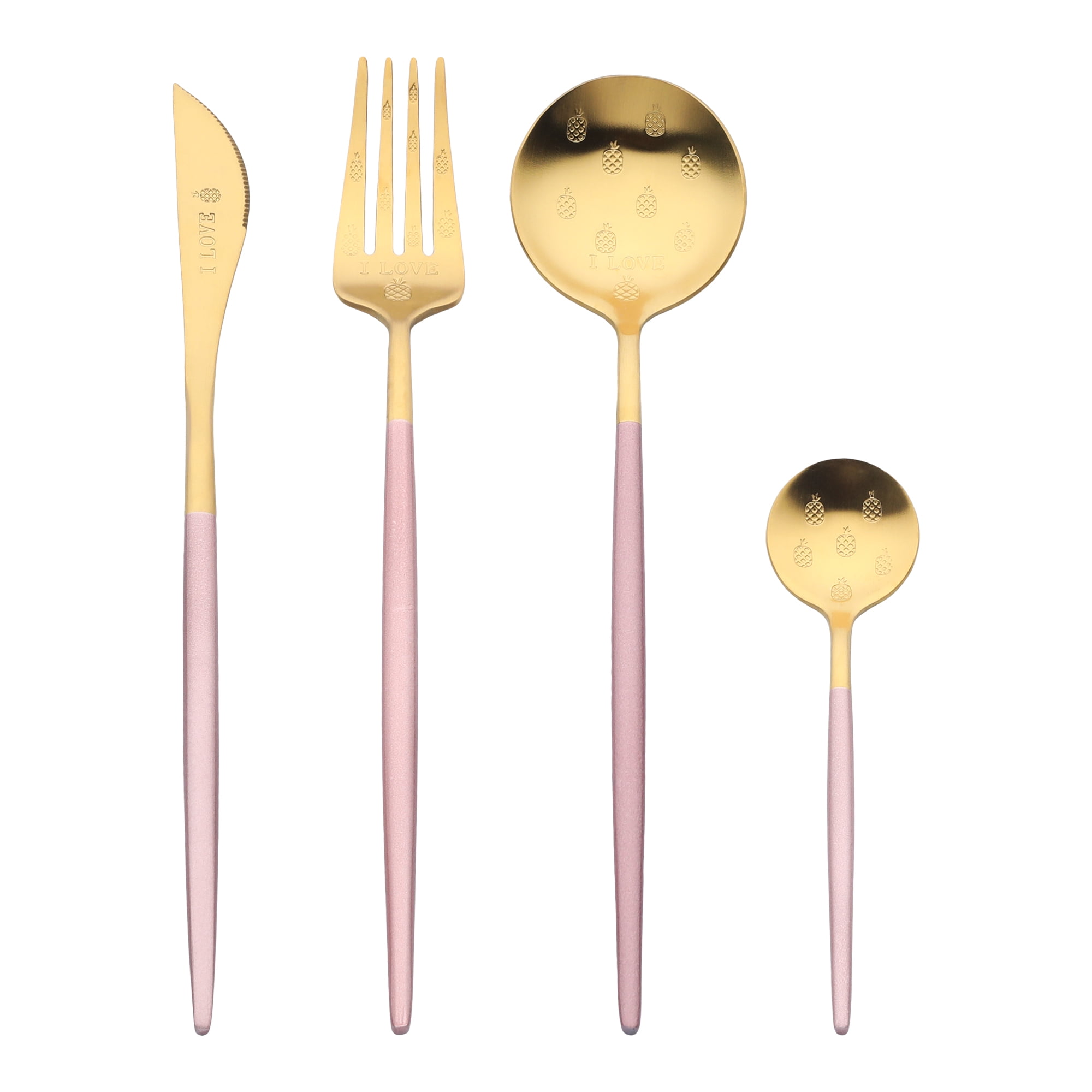 Unique Bargains 4 Piece Silverware Set, Stainless Steel Floral Flatware Set Pink 4