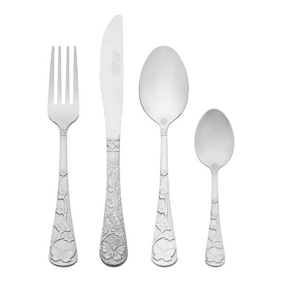 Unique Bargains 4 Piece Silverware Set Stainless Steel Floral Flatware Silver 4
