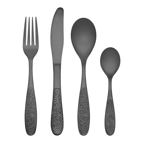 Unique Bargains 4 Piece Stainless Steel Floral Flatware Black 4