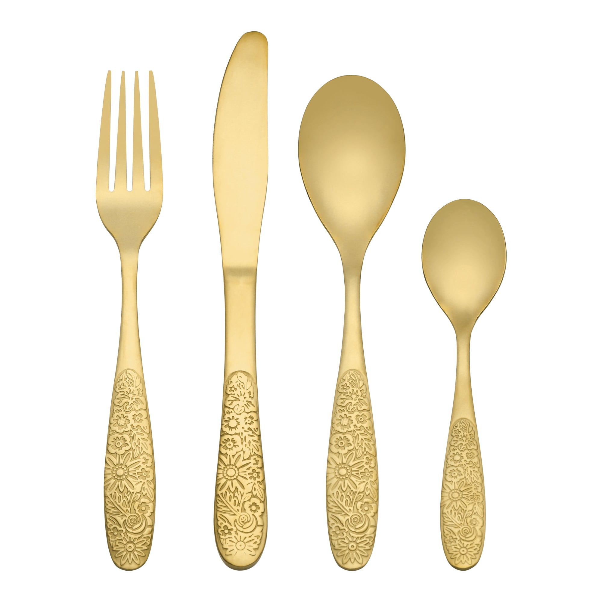 Unique Bargains 4 Piece Stainless Steel Floral Flatware Gold 4