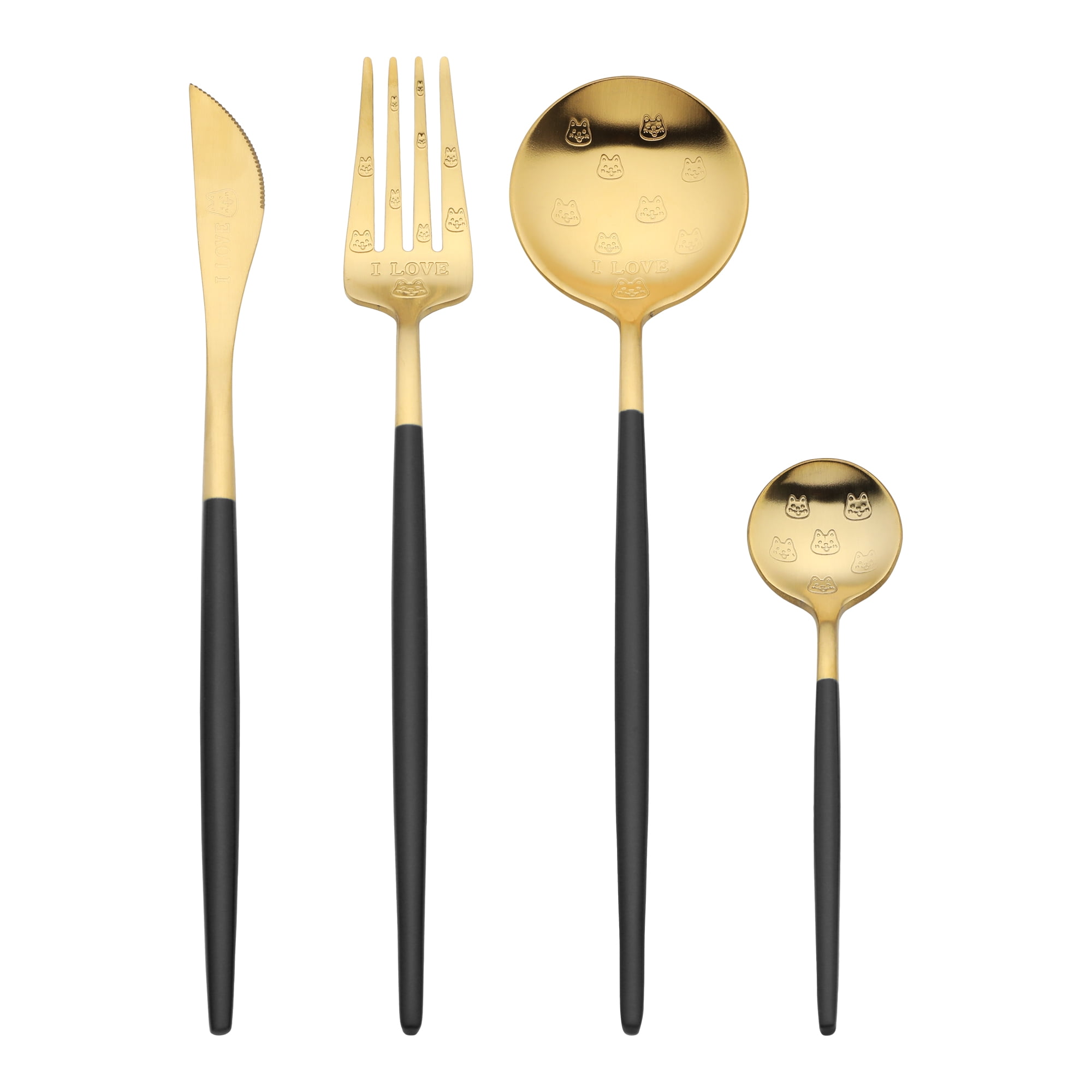 Unique Bargains 4 Piece Stainless Steel Floral Flatware Modern Cutlery Set Black 4