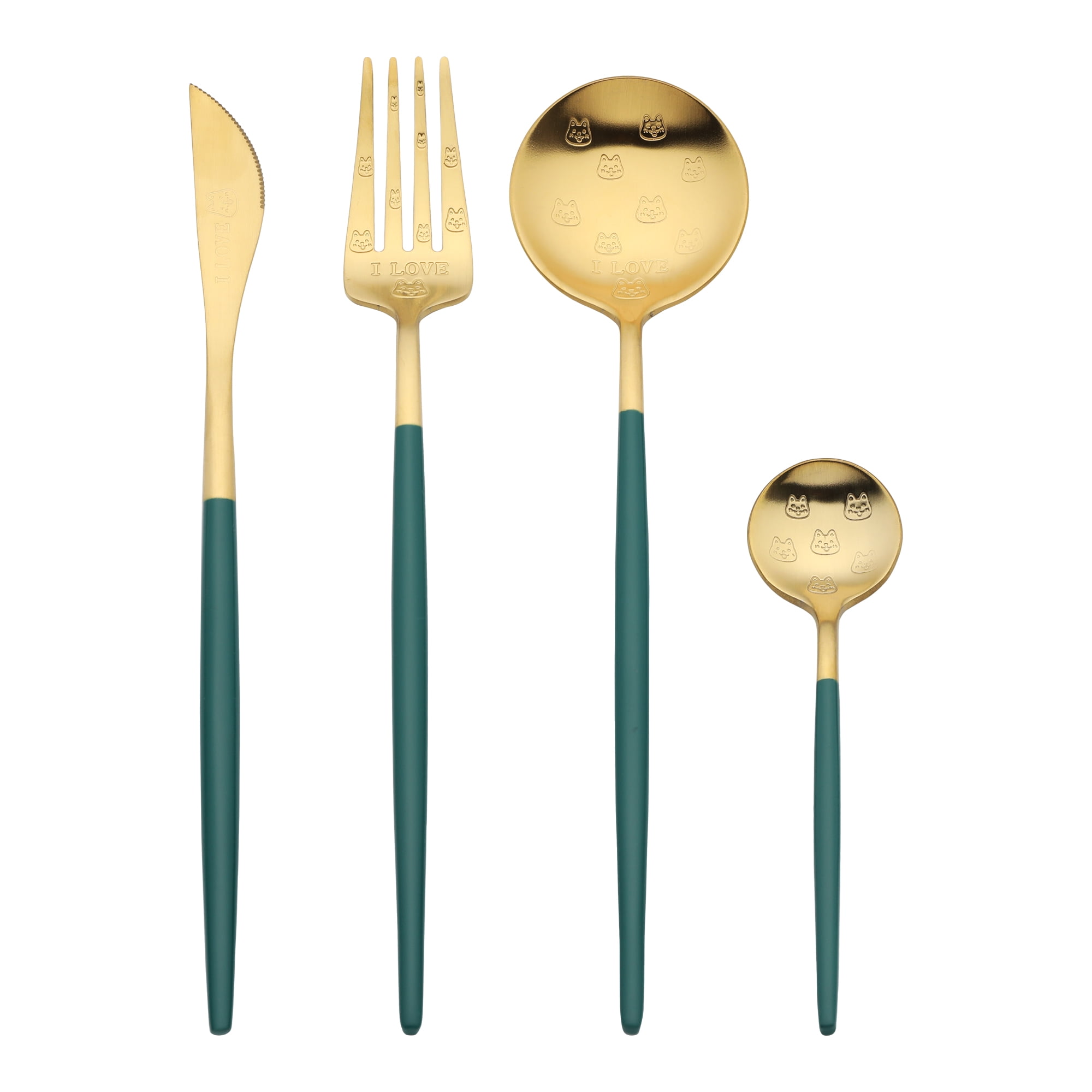 Unique Bargains 4 Piece Stainless Steel Floral Flatware Modern Cutlery Set Green 4