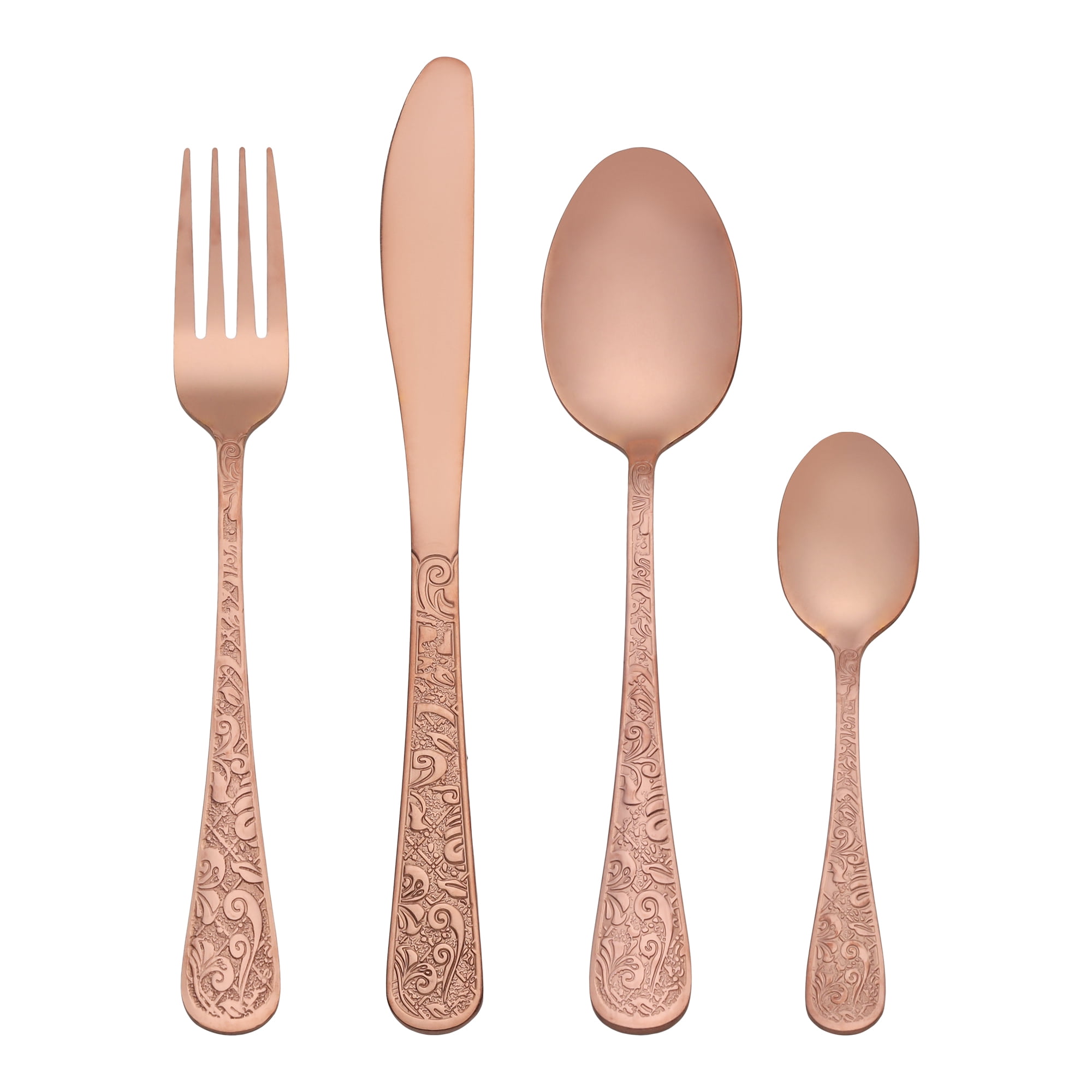 Unique Bargains 4 Piece Stainless Steel Floral Flatware Set Rose Gold 4