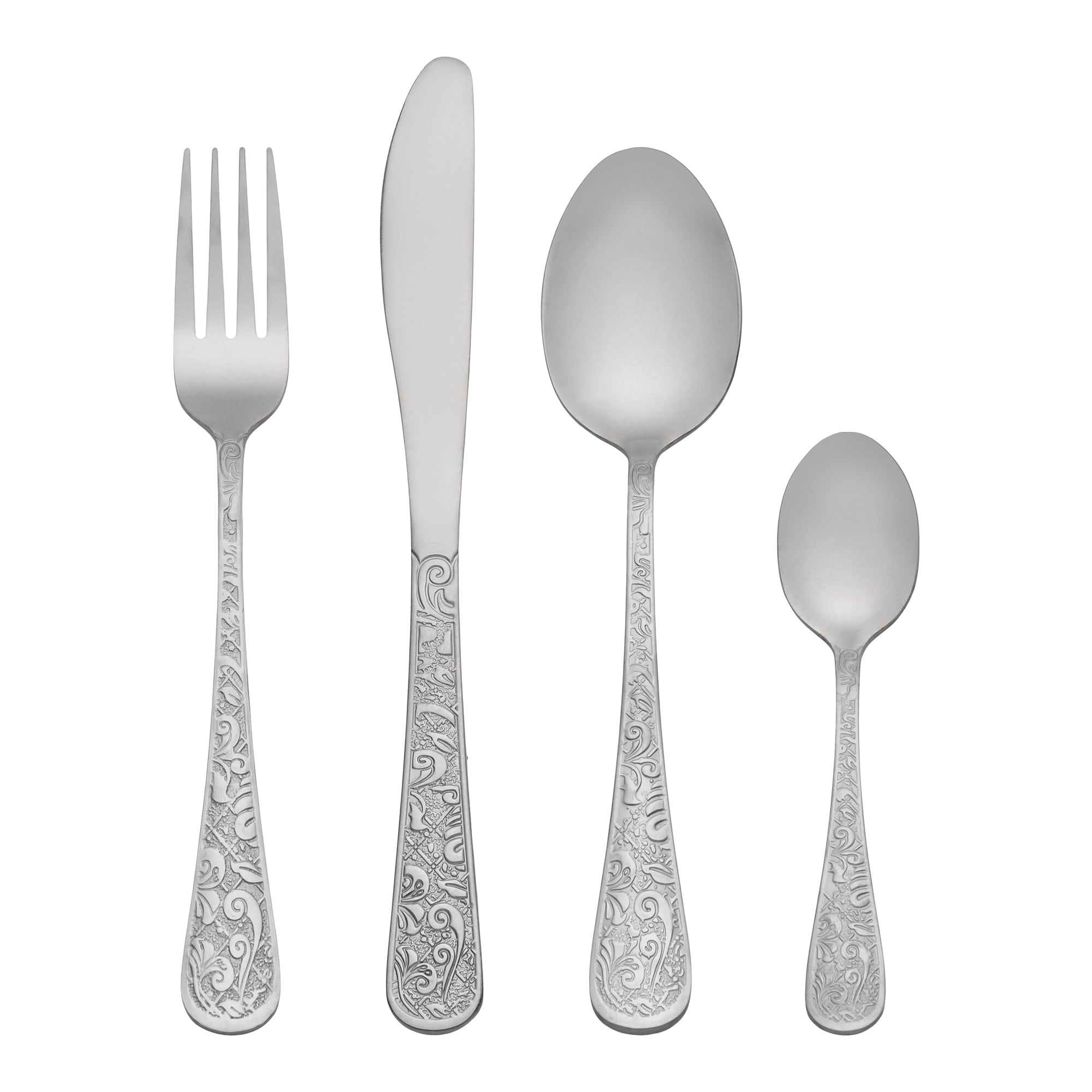 Unique Bargains 4 Piece Stainless Steel Floral Flatware Set Silver 4