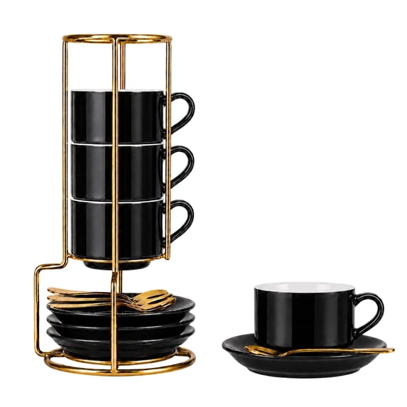 Unique Bargains 4 Set Espresso Cups Stackable with Saucers Black 3 oz