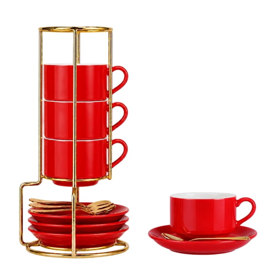 Unique Bargains 4 Set Espresso Cups Stackable with Saucers Red 8 oz