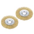 thumbnail image 1 of Unique Bargains 4" Wire Wheel Brush Bench Brass Plated Crimped Steel with 0.63" Arbor Hole 2Pcs, 1 of 3