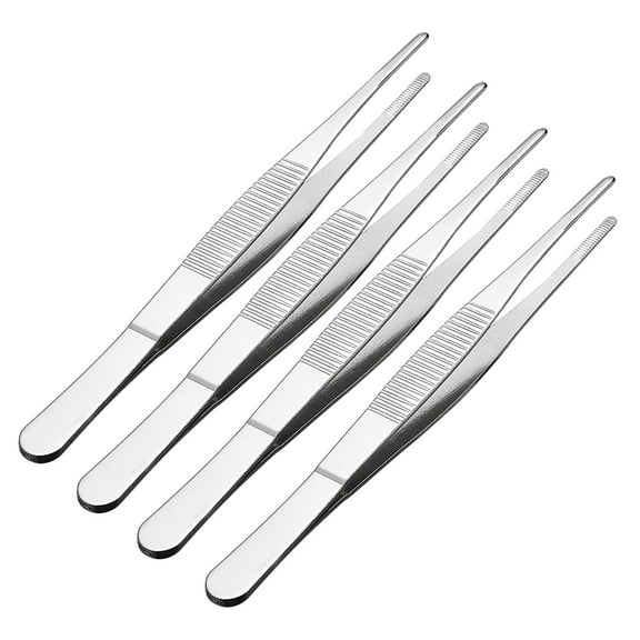 Unique Bargains 4Pcs 6.3 inch Stainless Steel Straight Blunt Tweezers Serrated Tip