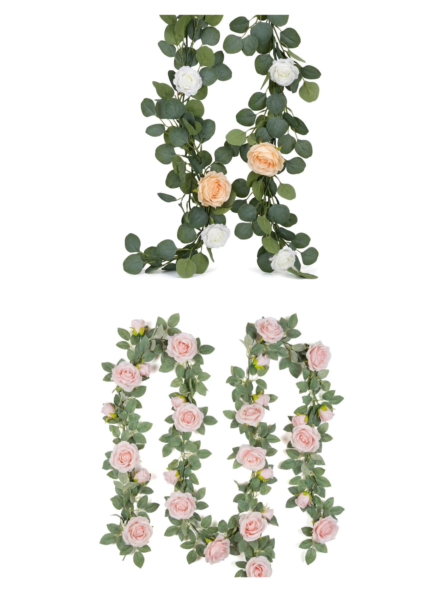 Unique Bargains 4Pcs Artificial Eucalyptus Faux Flower Vine Champagne Pose Pink 71inch