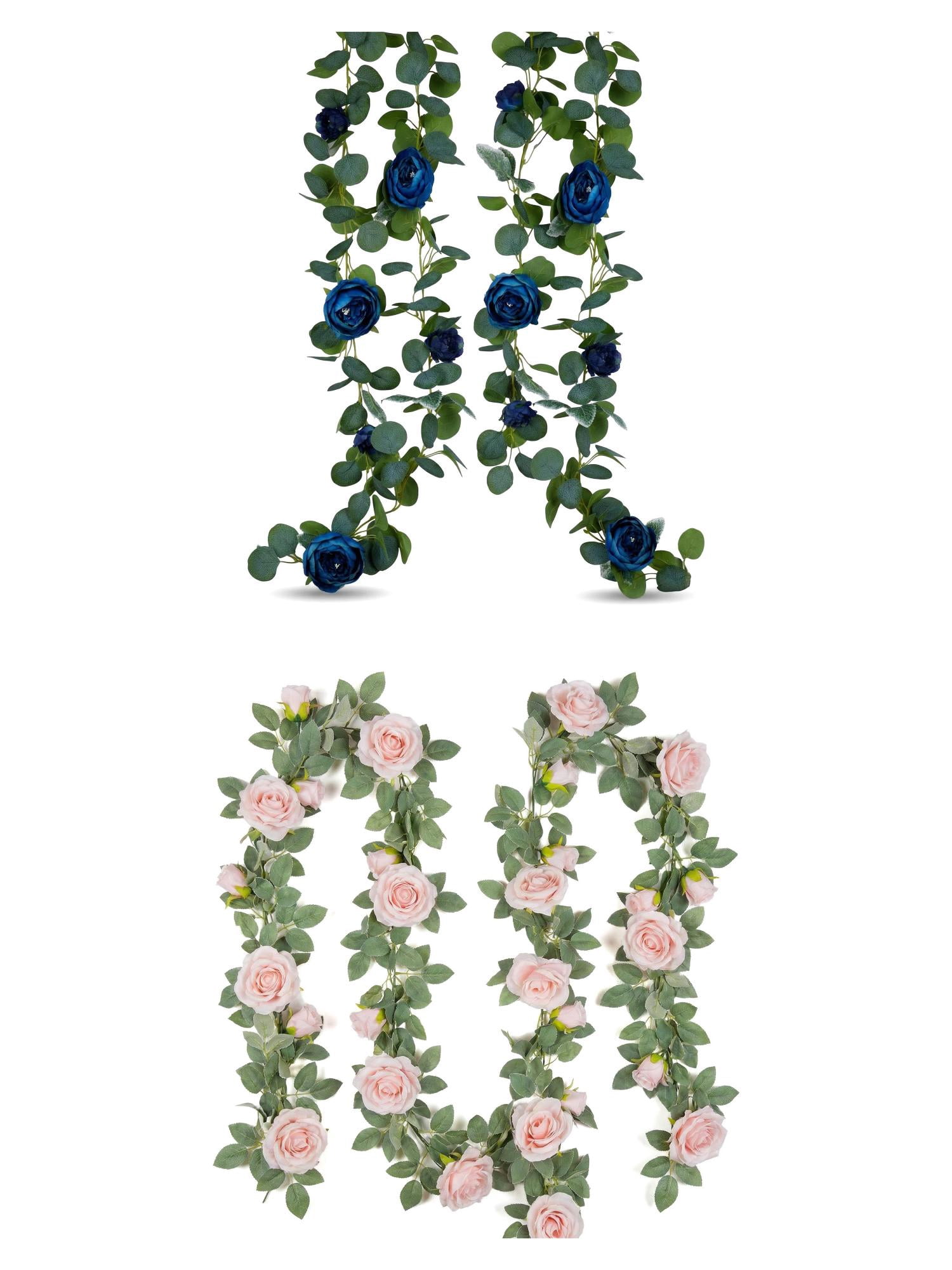 Unique Bargains 4Pcs Artificial Eucalyptus Garland Faux Flower Vine Blue Rose Pink 71inch