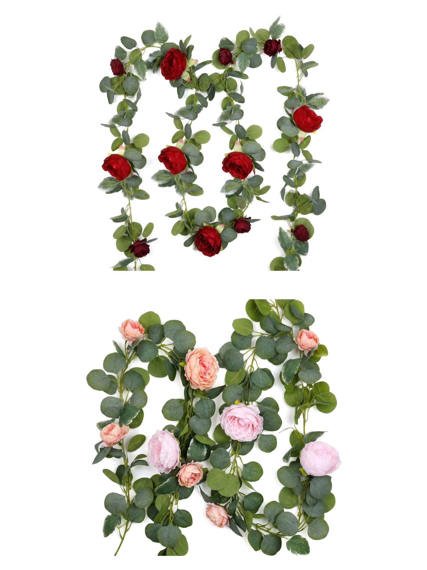 Unique Bargains 4Pcs Artificial Eucalyptus Garland Faux Flower Vine Red Pink 71inch