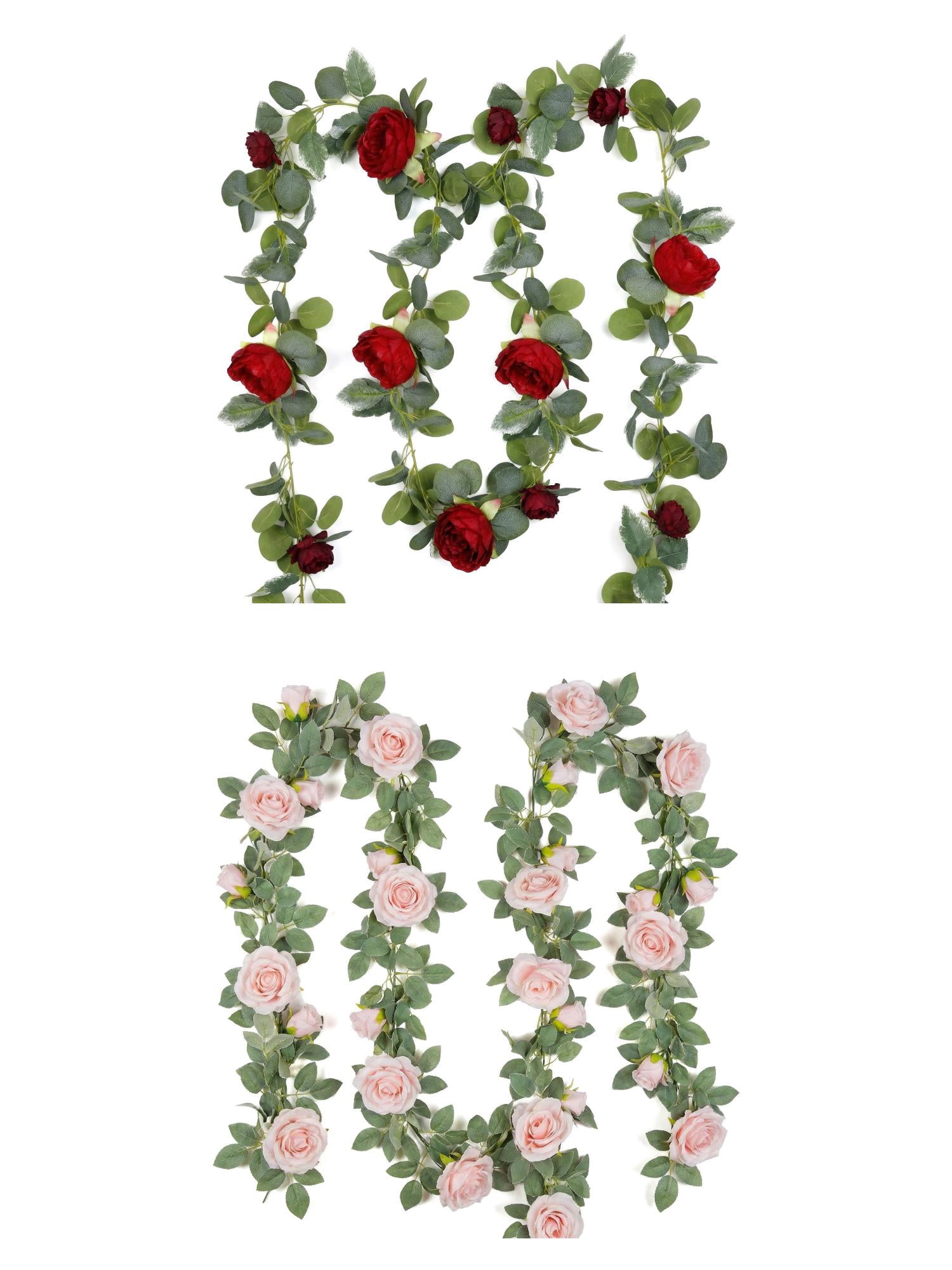 Unique Bargains 4Pcs Artificial Eucalyptus Garland Faux Flower Vine Red Rose Pink 71inch