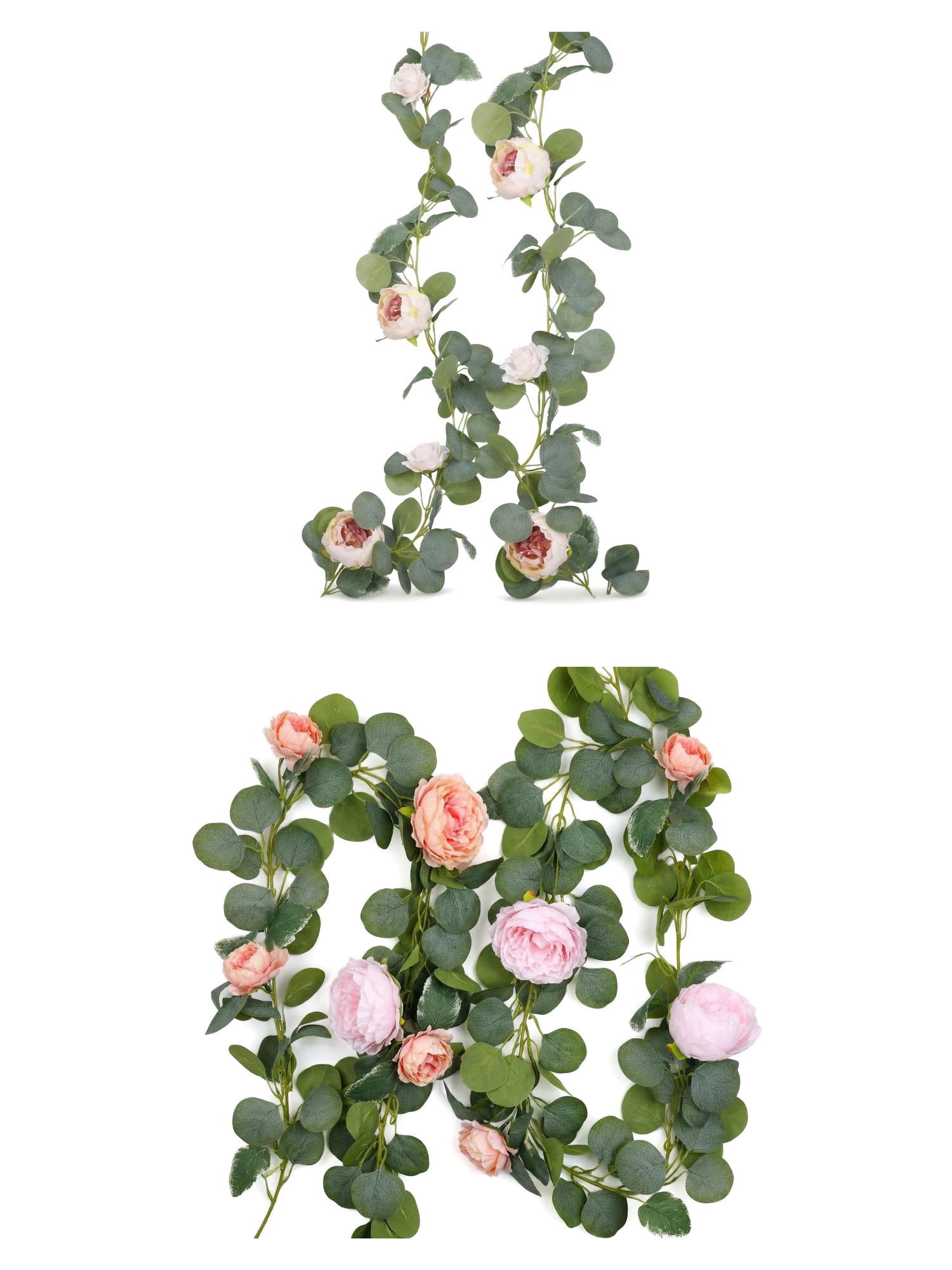 Unique Bargains 4Pcs Artificial Eucalyptus Realistic Faux Flower Vine Champagne Pink 71in
