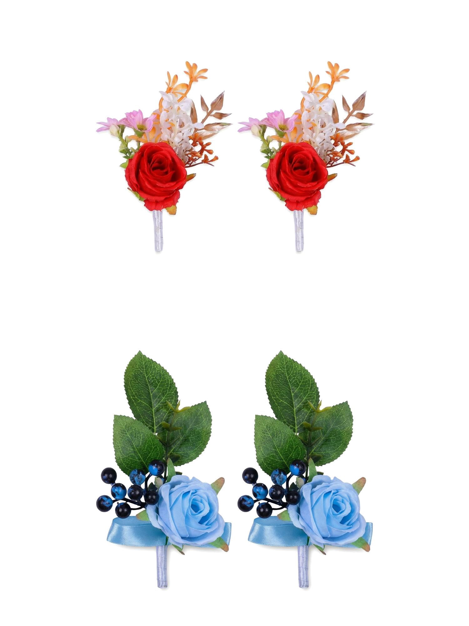 Unique Bargains 4Pcs Artificial Rose Corsage with Pins for Men Blue Orange 5.7 in