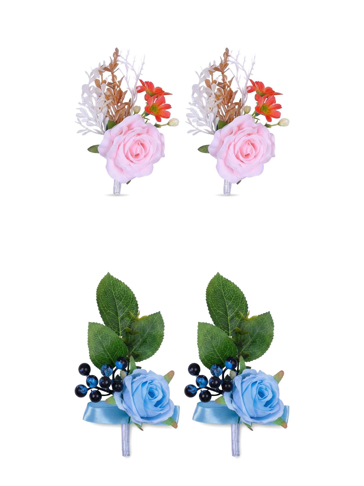 Unique Bargains 4Pcs Artificial Rose Corsage with Pins for Men Blue Pink 5.7 in
