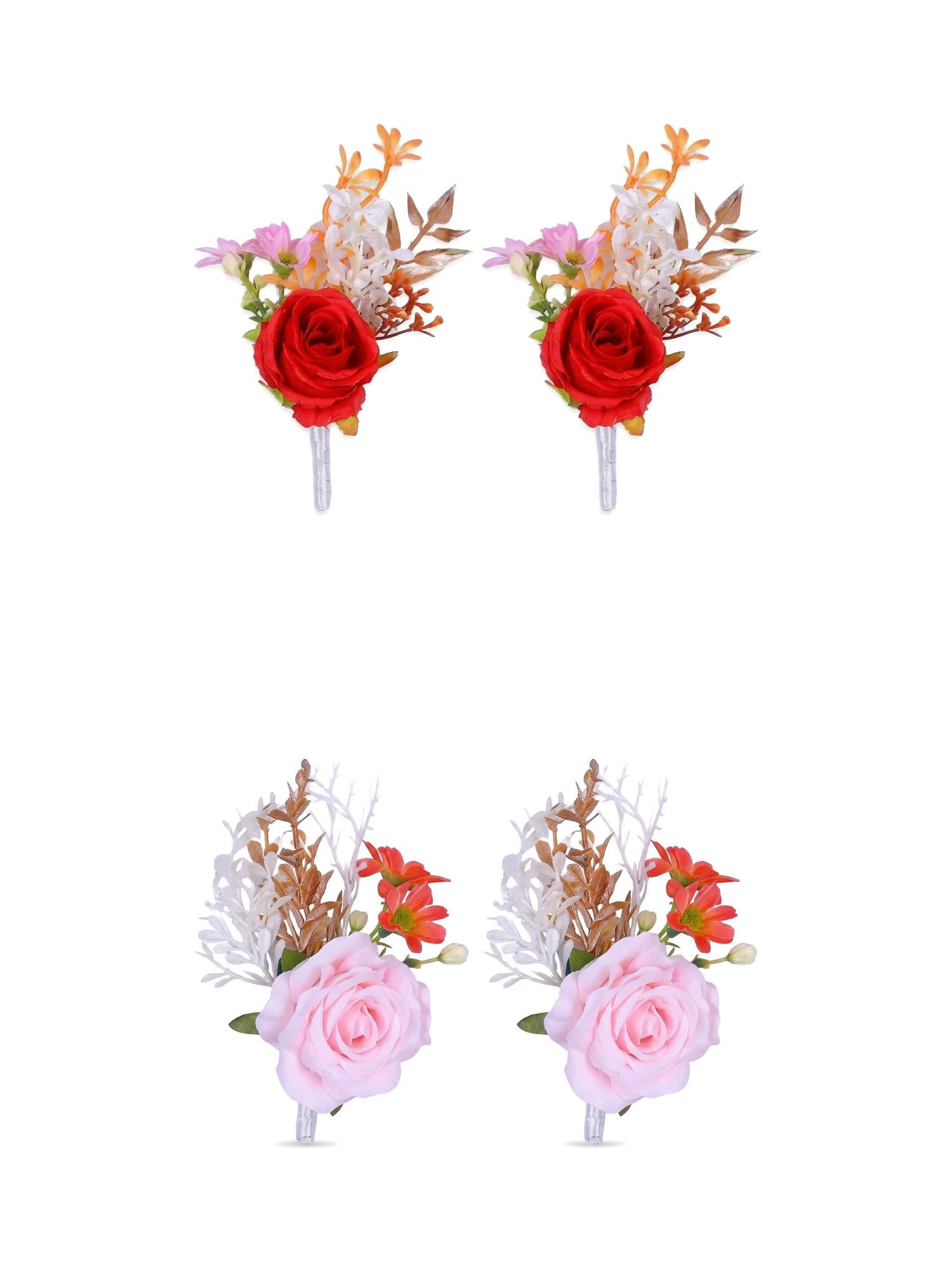Unique Bargains 4Pcs Artificial Rose Corsage with Pins for Men Orange Pink 5.7 in