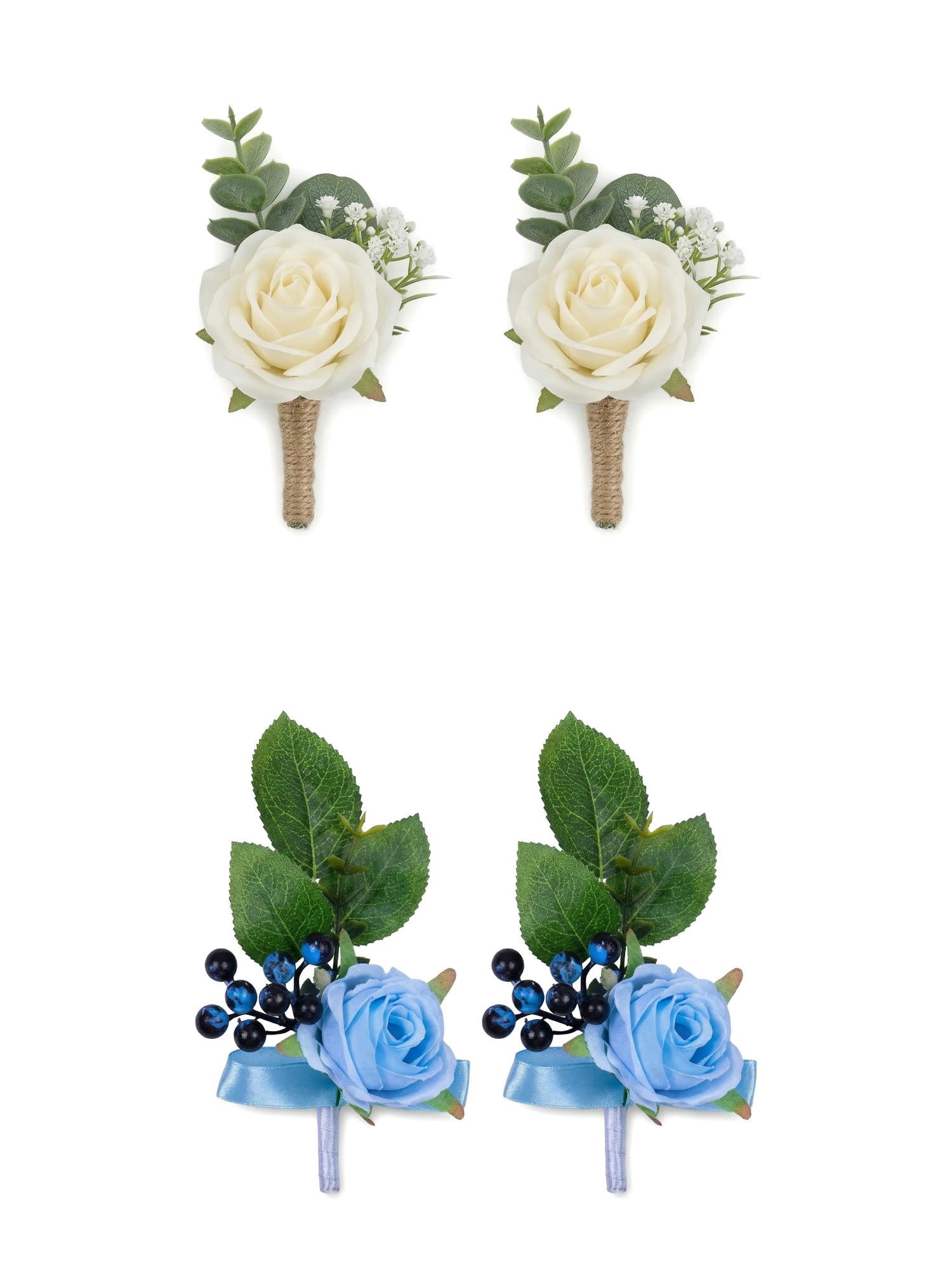 Unique Bargains 4Pcs Artificial Rose Corsage with Pins for Men White Blue 5.7 in