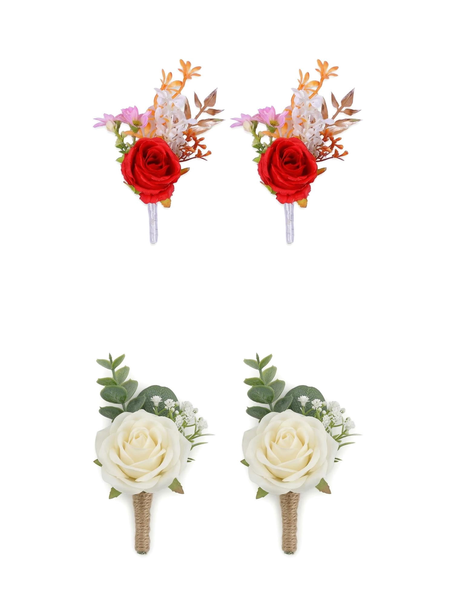 Unique Bargains 4Pcs Artificial Rose Corsage with Pins for Men White Orange 5.7 in